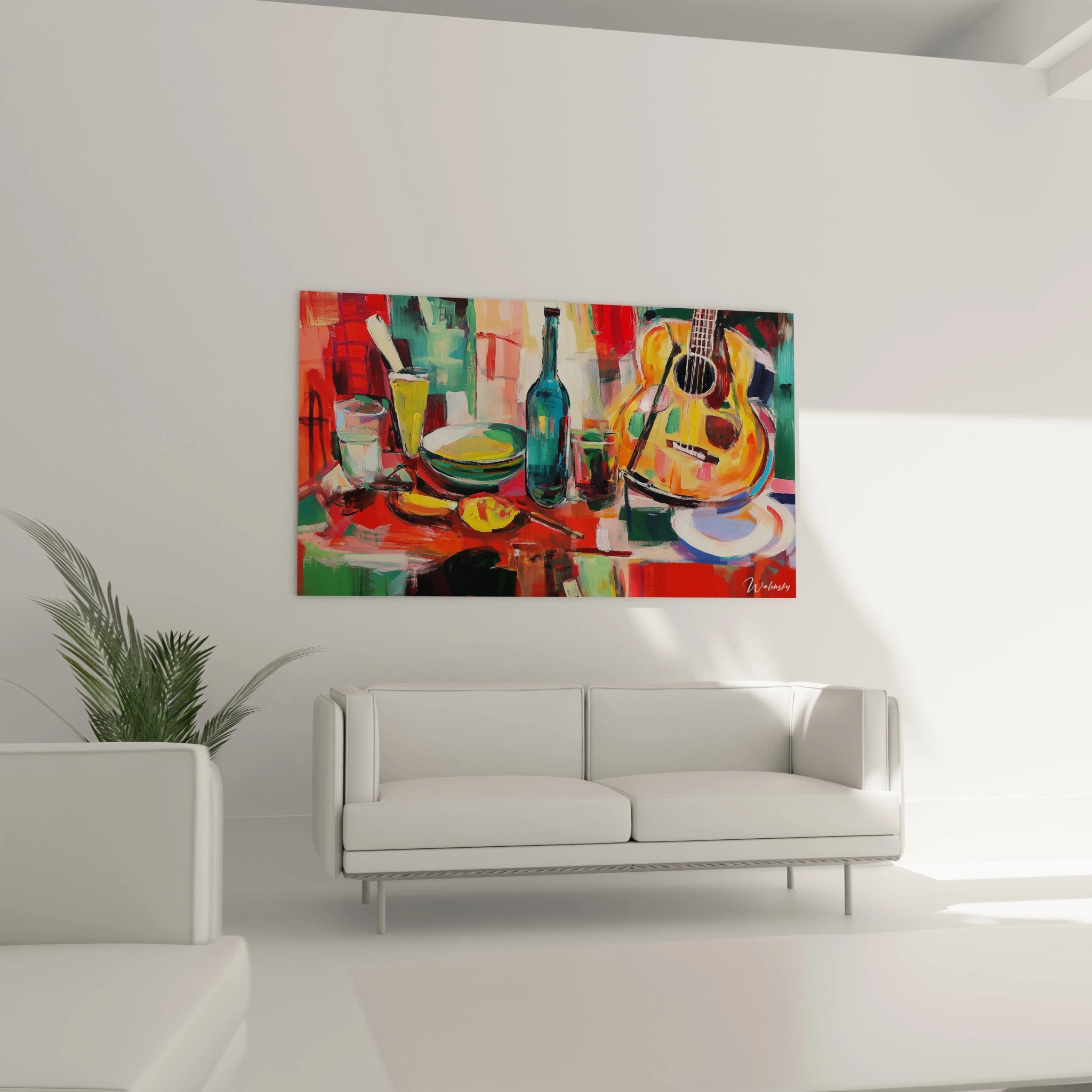 Un tableau Georges Braque mettant en avant une guitare posée sur une table, entourée de divers objets du quotidien, avec une palette de rouge, vert et orange, et des effets de relief dus aux empâtements.