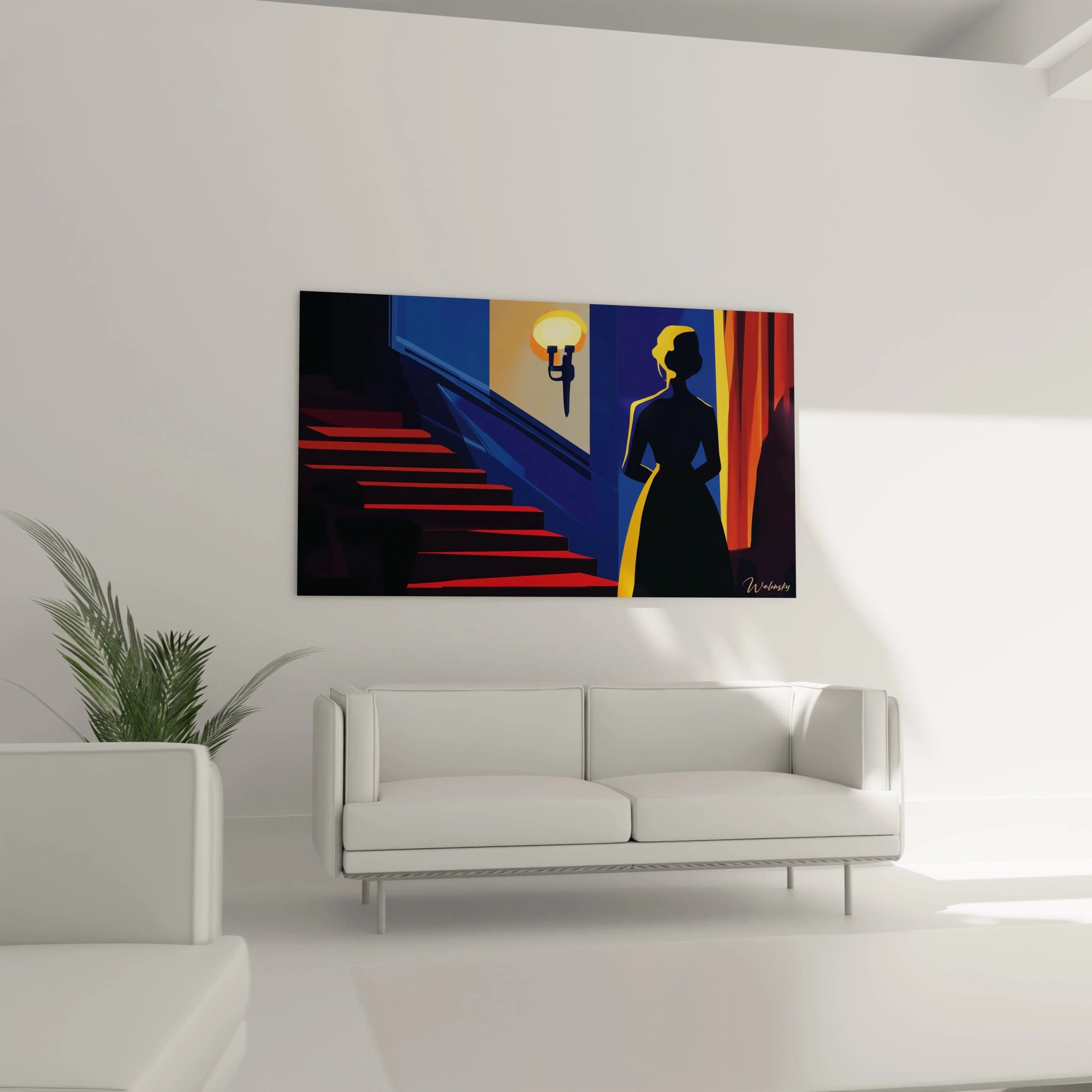 Une composition abstraite où une silhouette féminine se tient près d’un rideau rouge, éclairée par une lampe jaune, entourée de tons rouges, bleus et noirs.