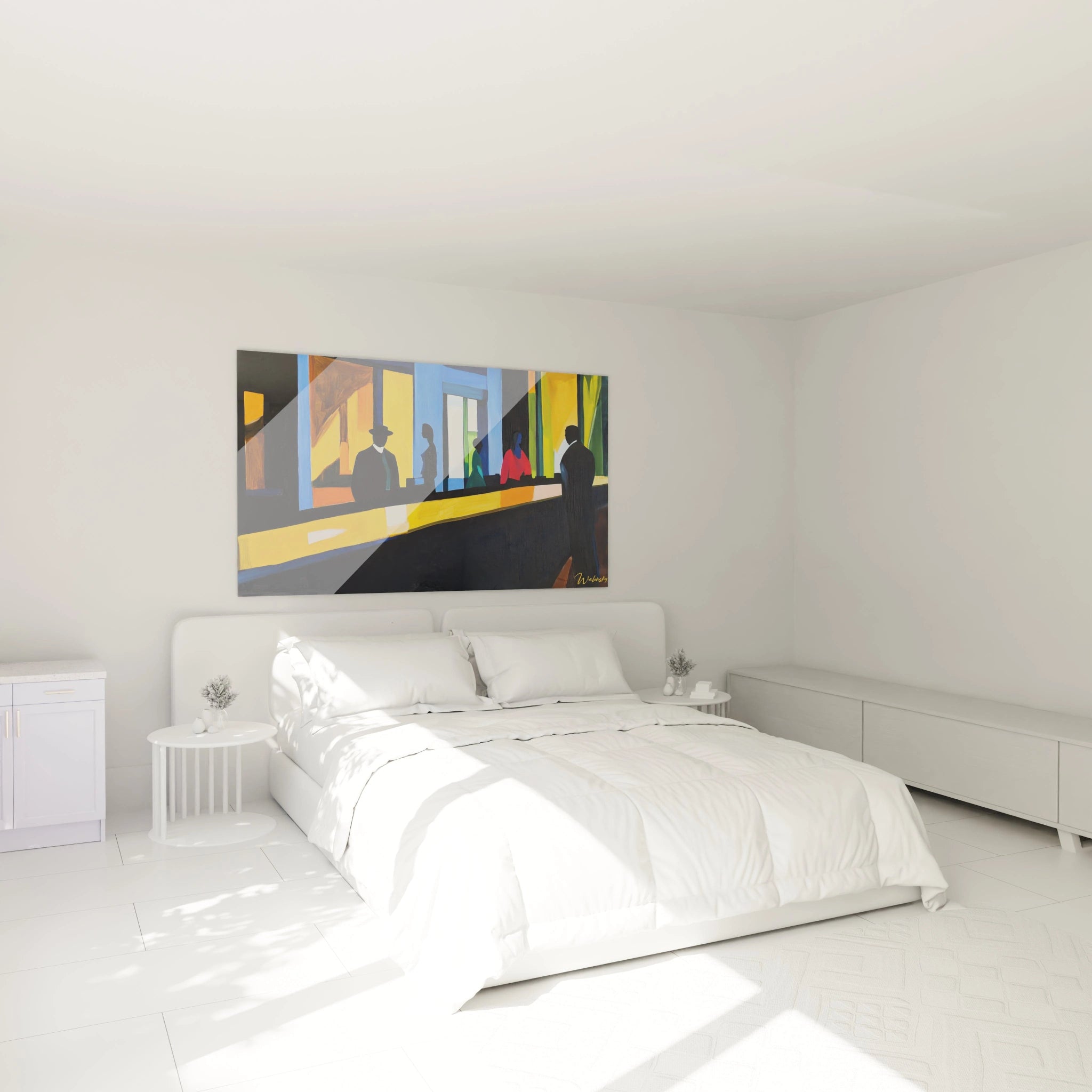 Un tableau Edward Hopper montrant un comptoir linéaire jaune lumineux, des silhouettes humaines sombres et des murs géométriques en bleu et orange.
Un tableau Edward Hopper montrant un comptoir linéaire jaune lumineux, des silhouettes humaines sombres et des murs géométriques en bleu et orange.