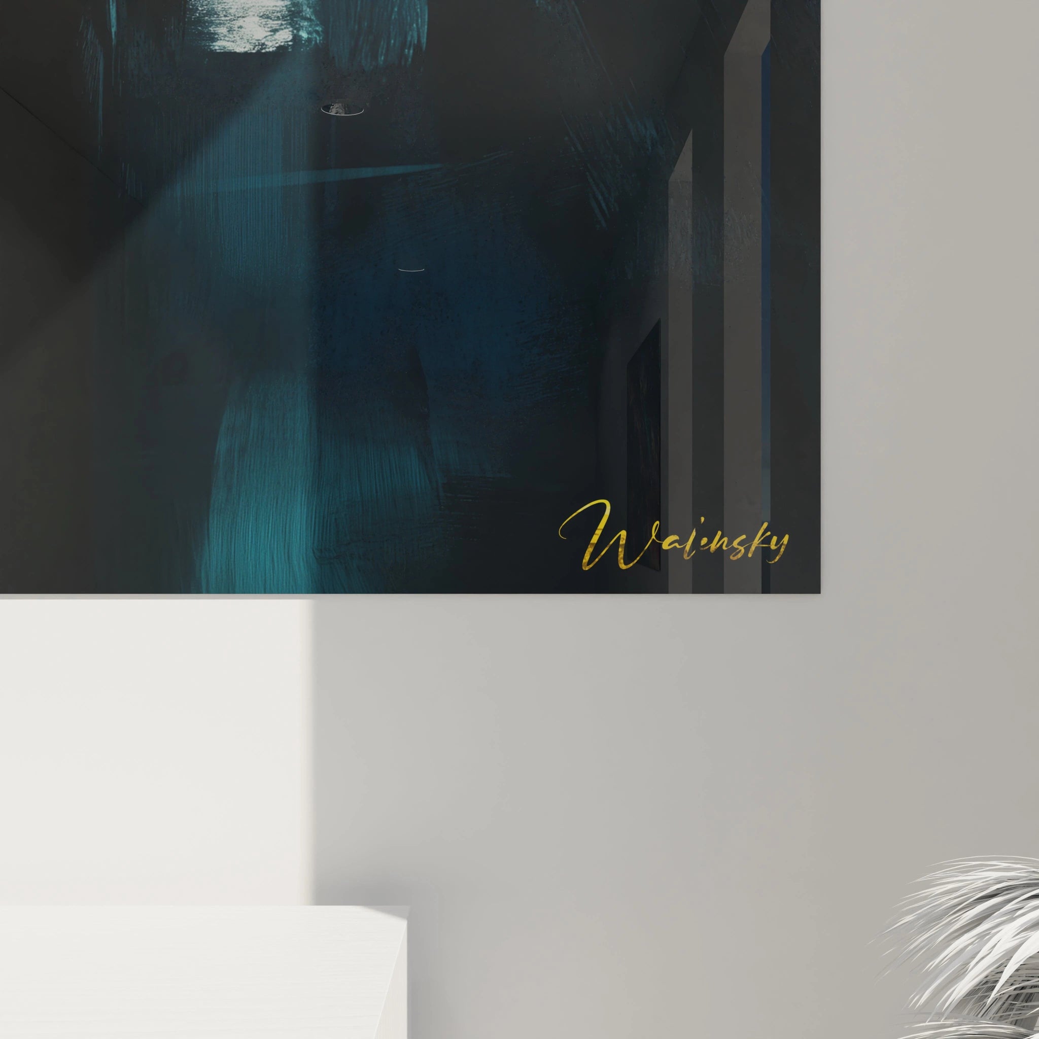 Une scène urbaine abstraite dans un tableau Edward Hopper, présentant des personnages sous des lumières chaudes jaune et blanche, avec des reflets sombres et des contours nets en bleu et noir.