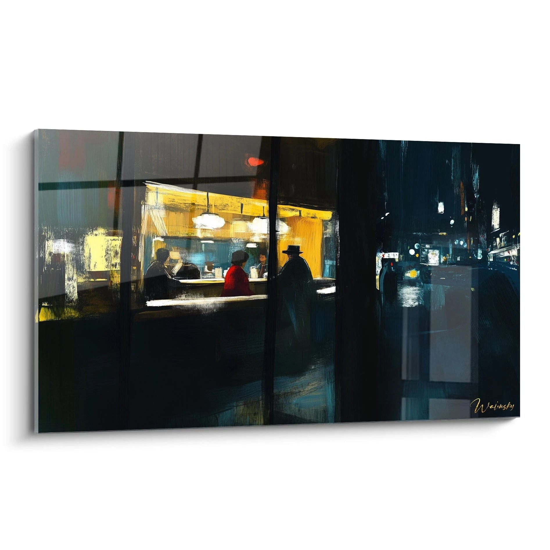 Un tableau Edward Hopper représentant une scène nocturne urbaine, avec des personnages dans un café éclairé de jaune, entourés de tons sombres de bleu et noir, et des textures lisses et contrastées.