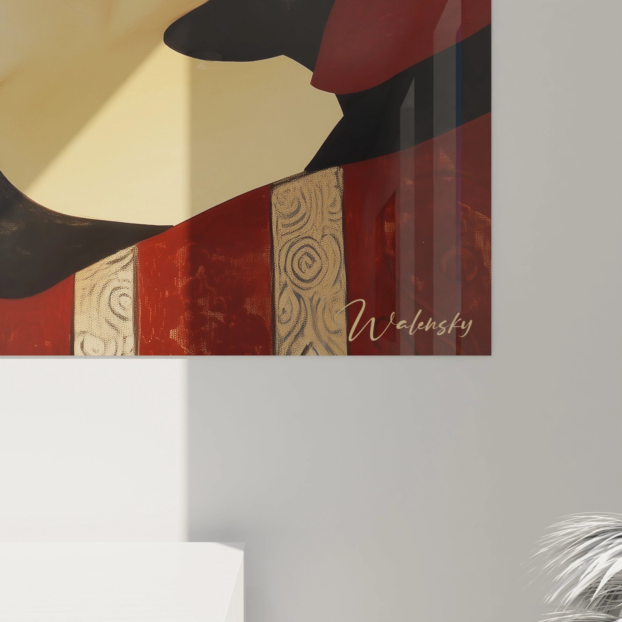 Tableau Amedeo Modigliani représentant une figure féminine allongée, aux traits épurés, sur un fond doré agrémenté de rectangles rouges et gris, avec des textures plates et des lignes précises.