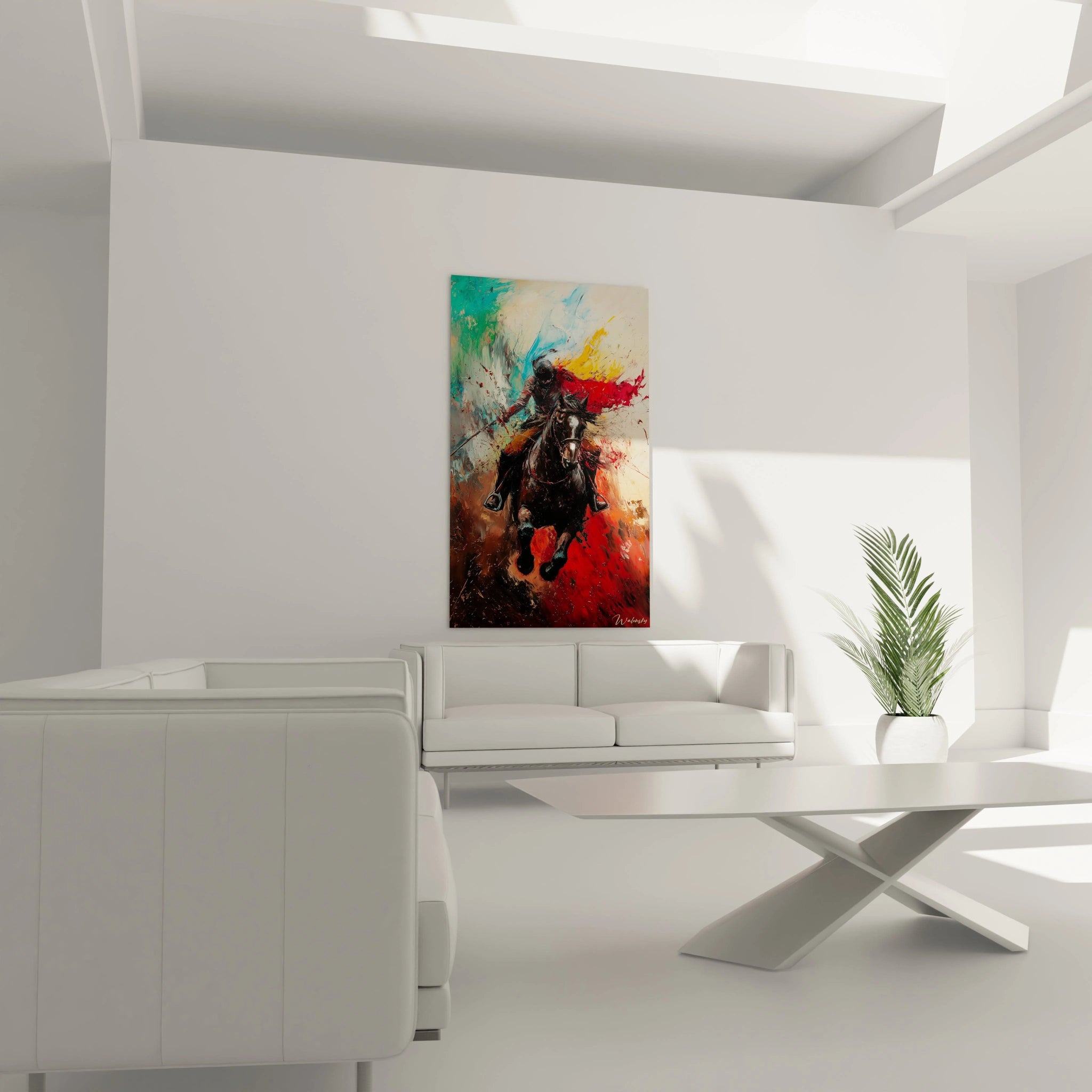 Un tableau Théodore Géricault mettant en scène un cheval au galop, avec des formes éclatées de rouge, orange et bleu, des textures fluides et épaisses, et des contrastes entre ombres sombres et lumière vive.