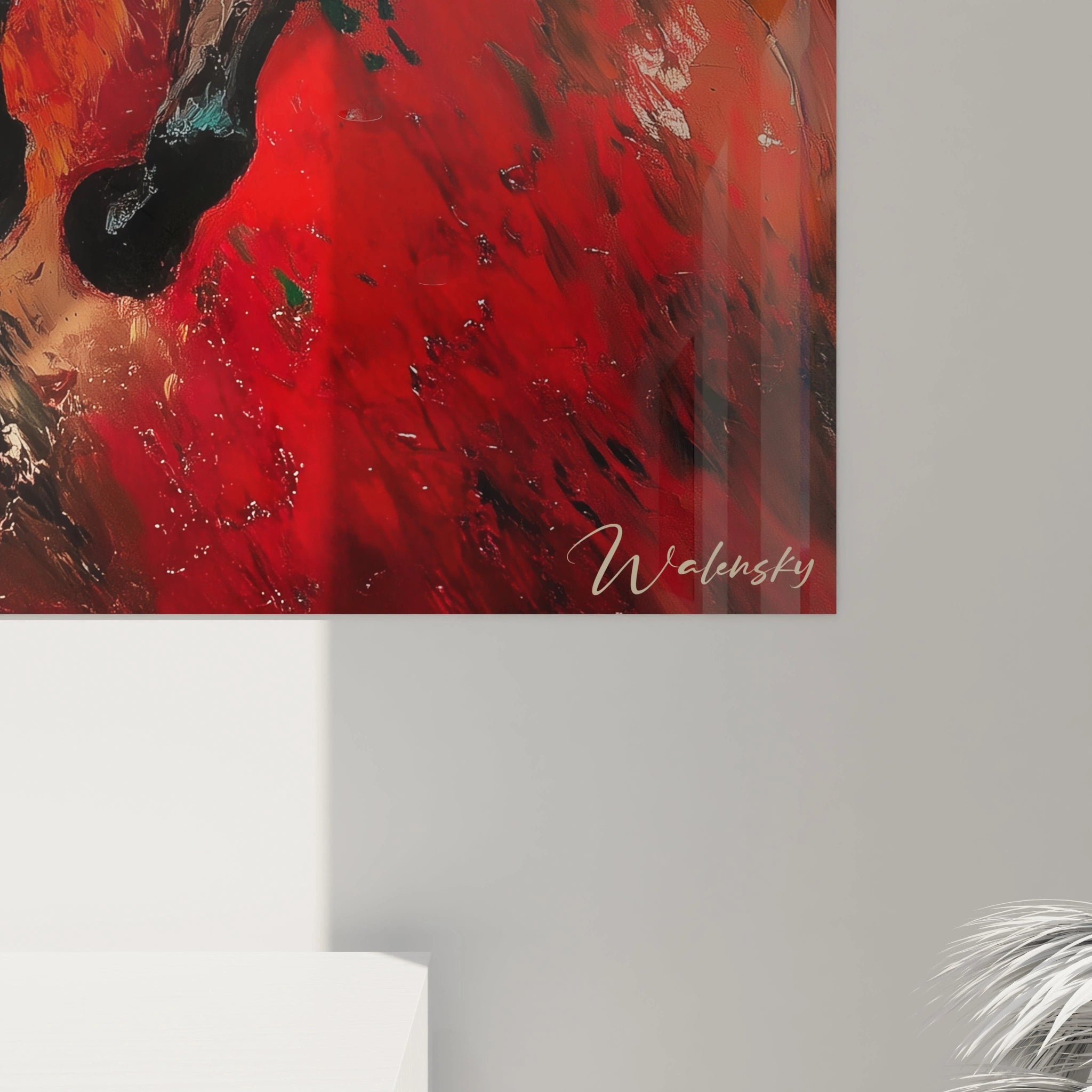 Un tableau Théodore Géricault montrant un cavalier vêtu de sombre sur un cheval noir, entouré d’un décor abstrait aux teintes vives de rouge, bleu et vert, avec des effets de superposition et des projections texturées.