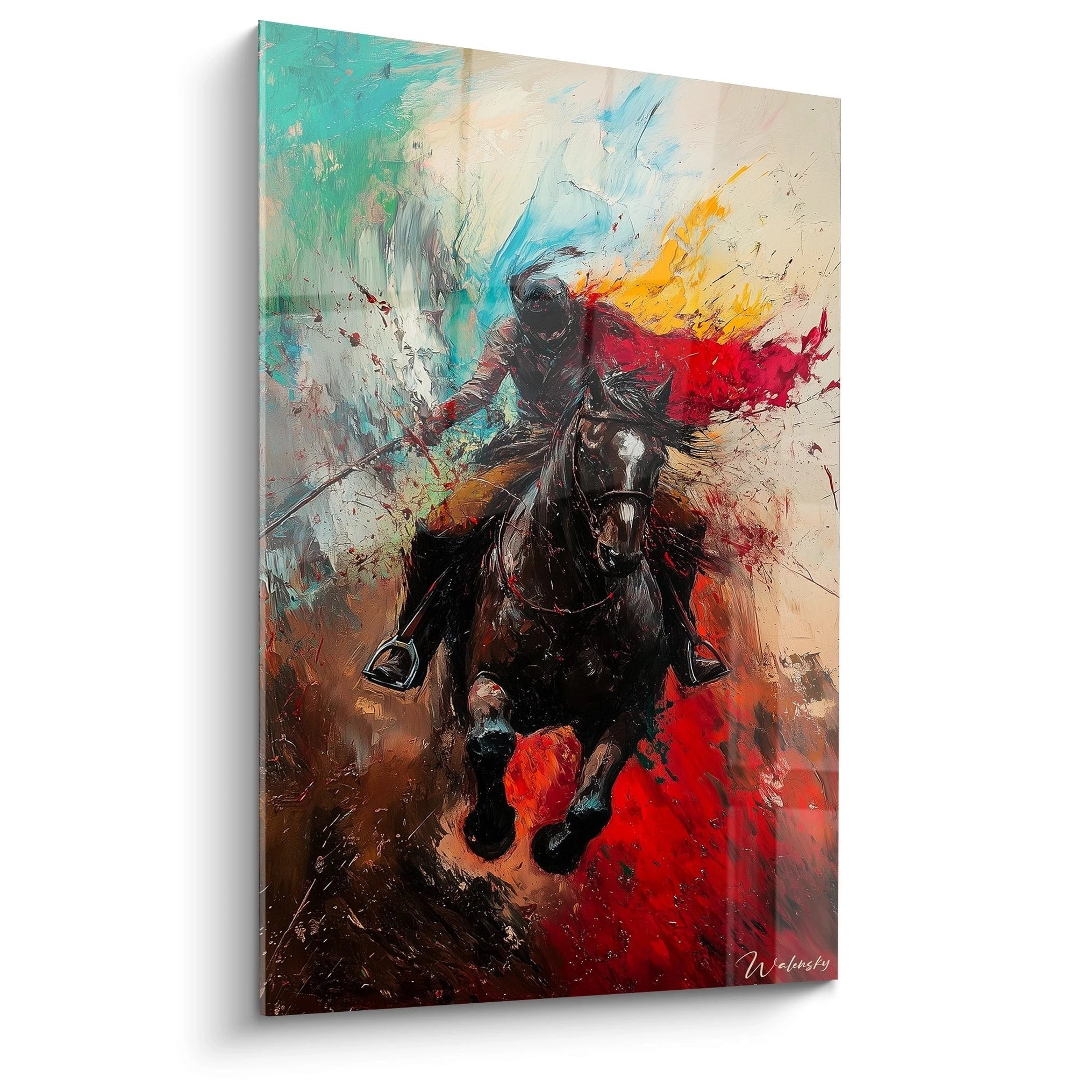 Un tableau Théodore Géricault représentant un cavalier sur un cheval noir en mouvement, avec des éclats de rouge, bleu, jaune et vert, des coups de pinceau dynamiques et des textures épaisses créant un effet de relief.