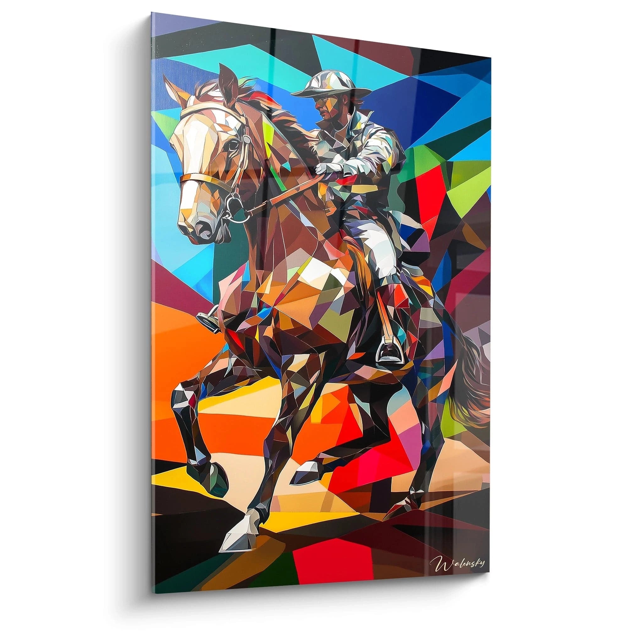 Un tableau Théodore Géricault représentant un cavalier sur un cheval marron, composé de formes géométriques colorées en rouge, bleu, vert et jaune, avec des contrastes marqués et un fond fragmenté.