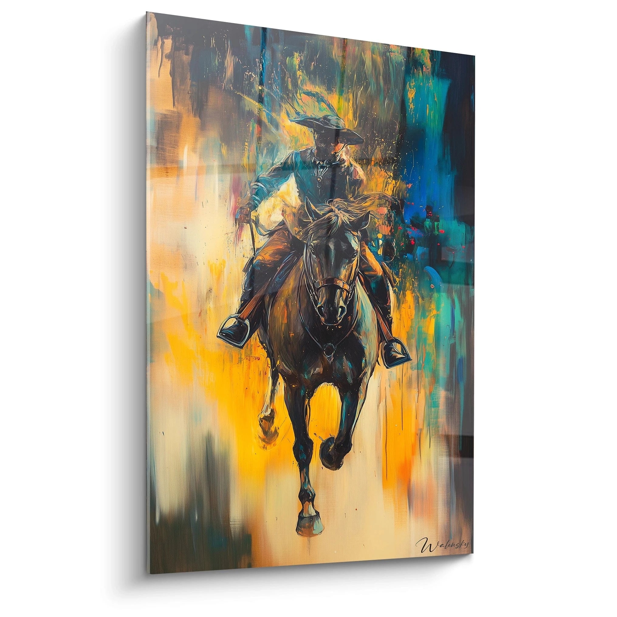 Un tableau Théodore Géricault représentant un cavalier sur un cheval noir, avançant au centre d’un fond texturé aux teintes jaune, bleu et noir, avec des projections et des coups de pinceau dynamiques.