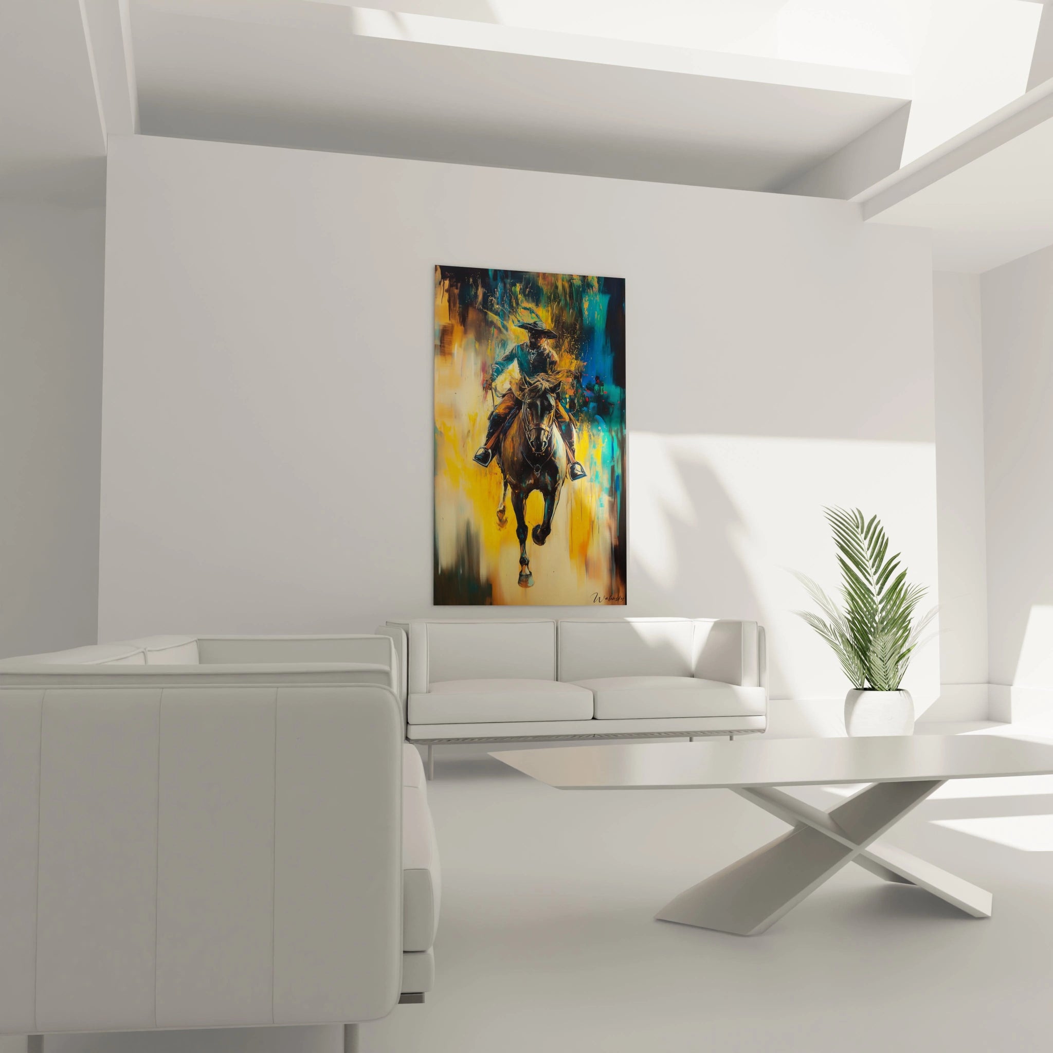 Un tableau Théodore Géricault mettant en scène un cavalier avançant sur un cheval noir, avec un fond composé de touches de bleu, jaune et noir, utilisant des textures fluides et des superpositions de couleurs intenses.