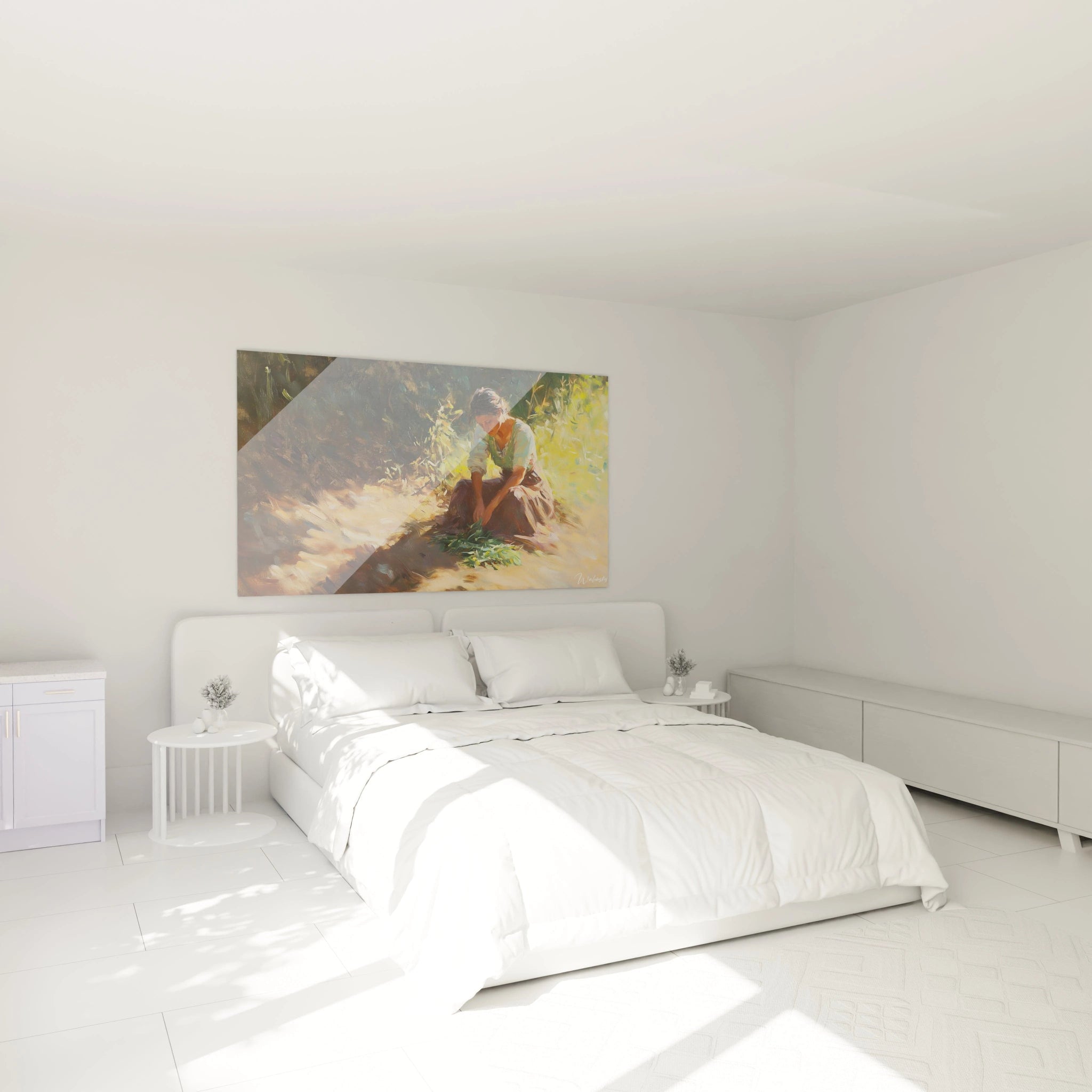 Un tableau Camille Pissarro illustrant une femme en chemise blanche et jupe marron, agenouillée sur un sol doré. Les coups de pinceau visibles accentuent les jeux de lumiÚre sur un fond végétal vert foncé.