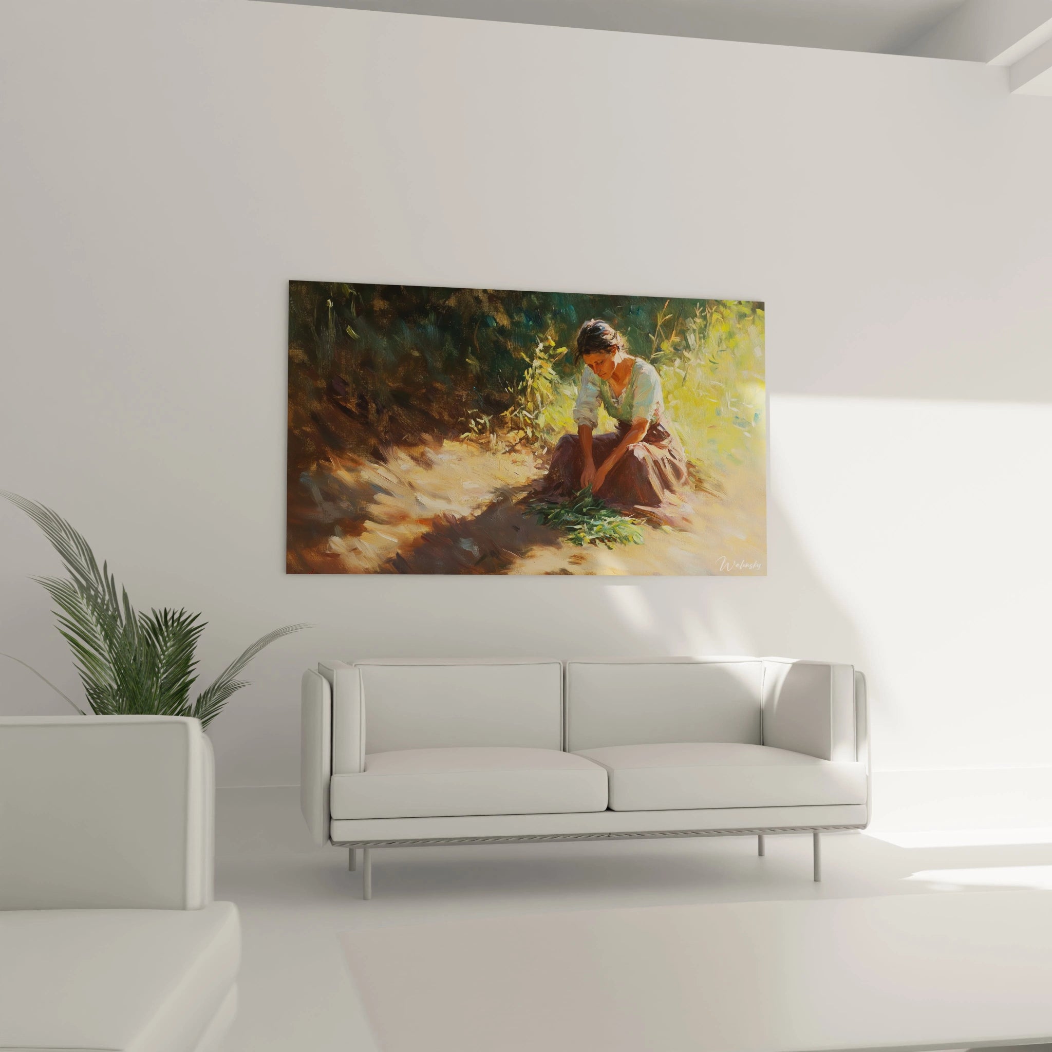 Un tableau Camille Pissarro montrant une scĂšne extĂ©rieure avec une femme ramassant des feuilles. Les nuances de vert, marron et beige sâentrelacent avec des ombres texturĂ©es, ajoutant du relief Ă la composition.