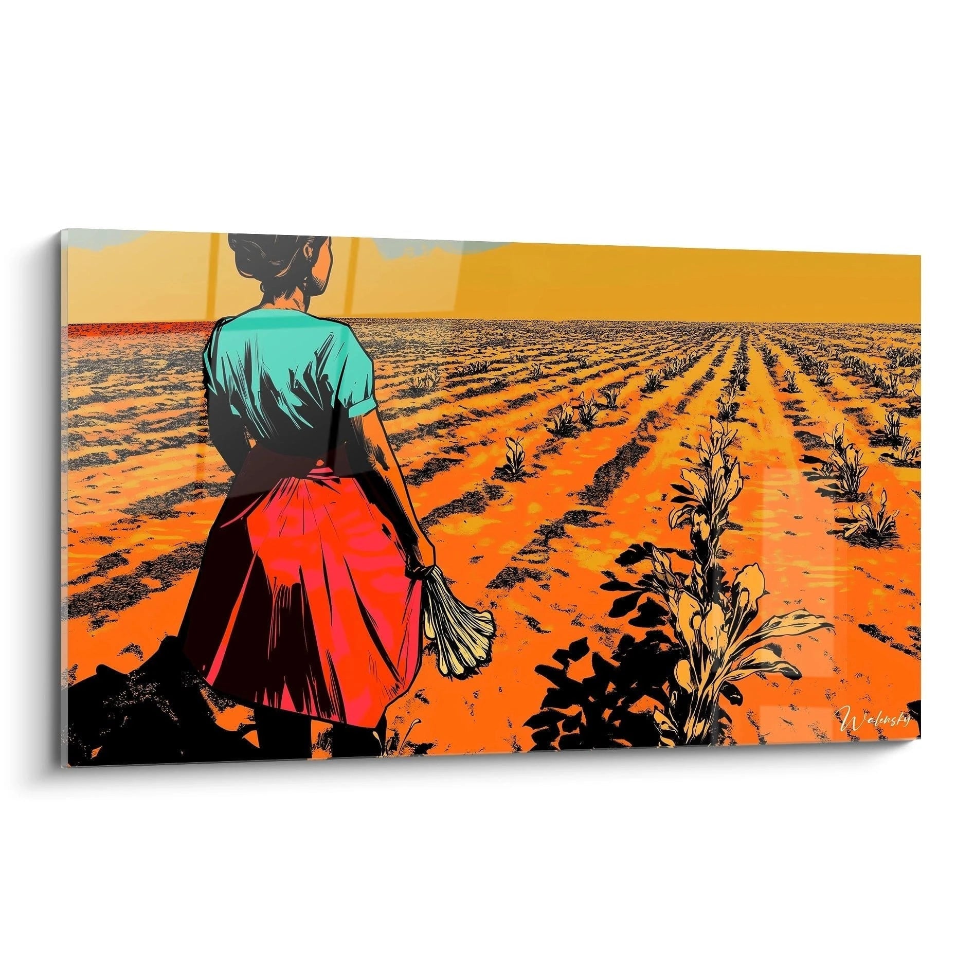 Un tableau Camille Pissarro représentant une femme de dos tenant un bouquet face à un champ cultivé. Les couleurs dominantes sont orange, rouge et bleu, avec des lignes contrastées et des ombres marquées.