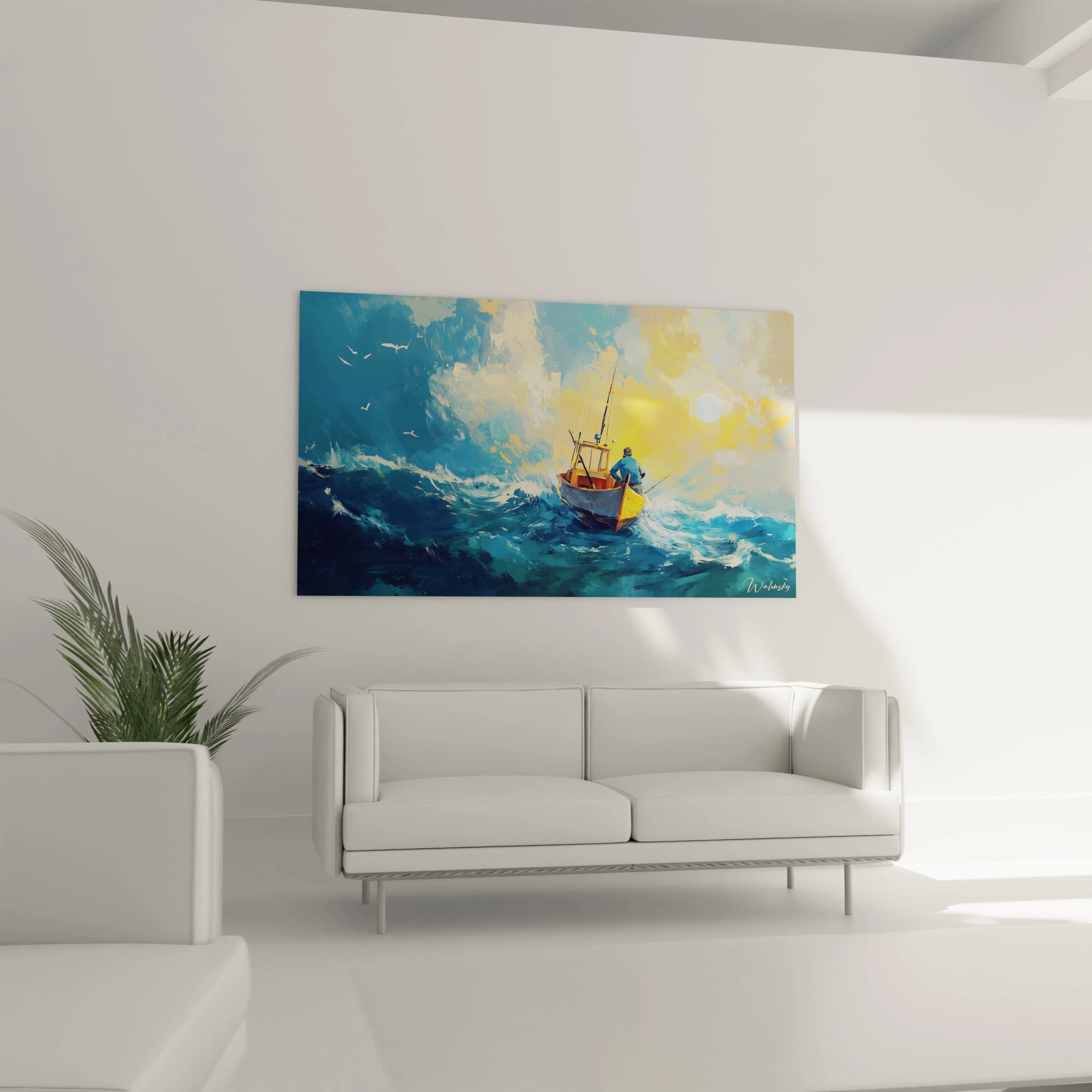 Un tableau J.M.W. Turner montrant un pêcheur assis sur un bateau en mouvement, entouré d’écume et de mouettes. Le ciel présente des dégradés de jaune et de blanc, créant un effet de lumière diffuse sur l’eau.