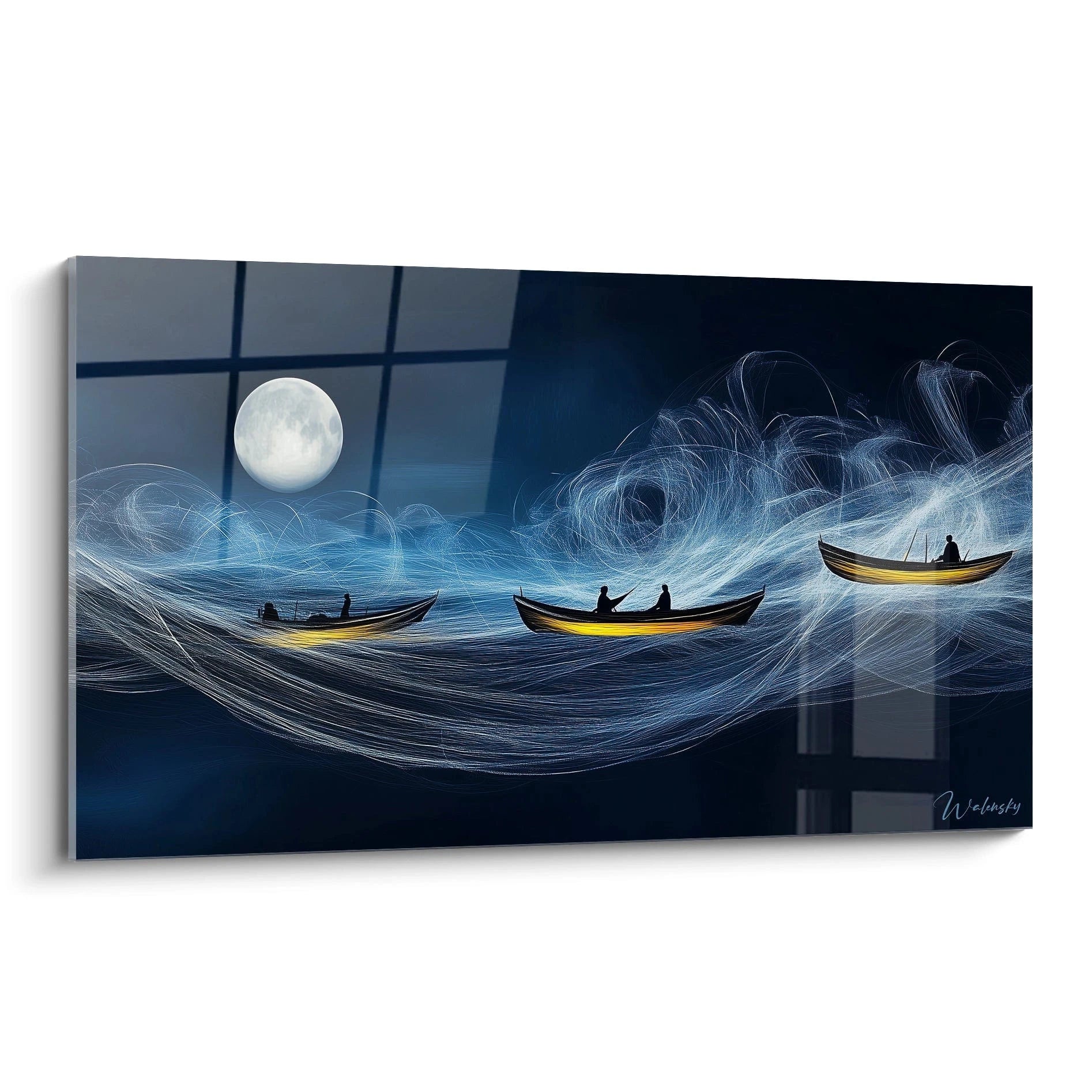 Un tableau J.M.W. Turner représentant trois barques noires et jaunes flottant sur des vagues stylisées aux traits lumineux blancs, sous un ciel bleu foncé illuminé par une pleine lune blanche.