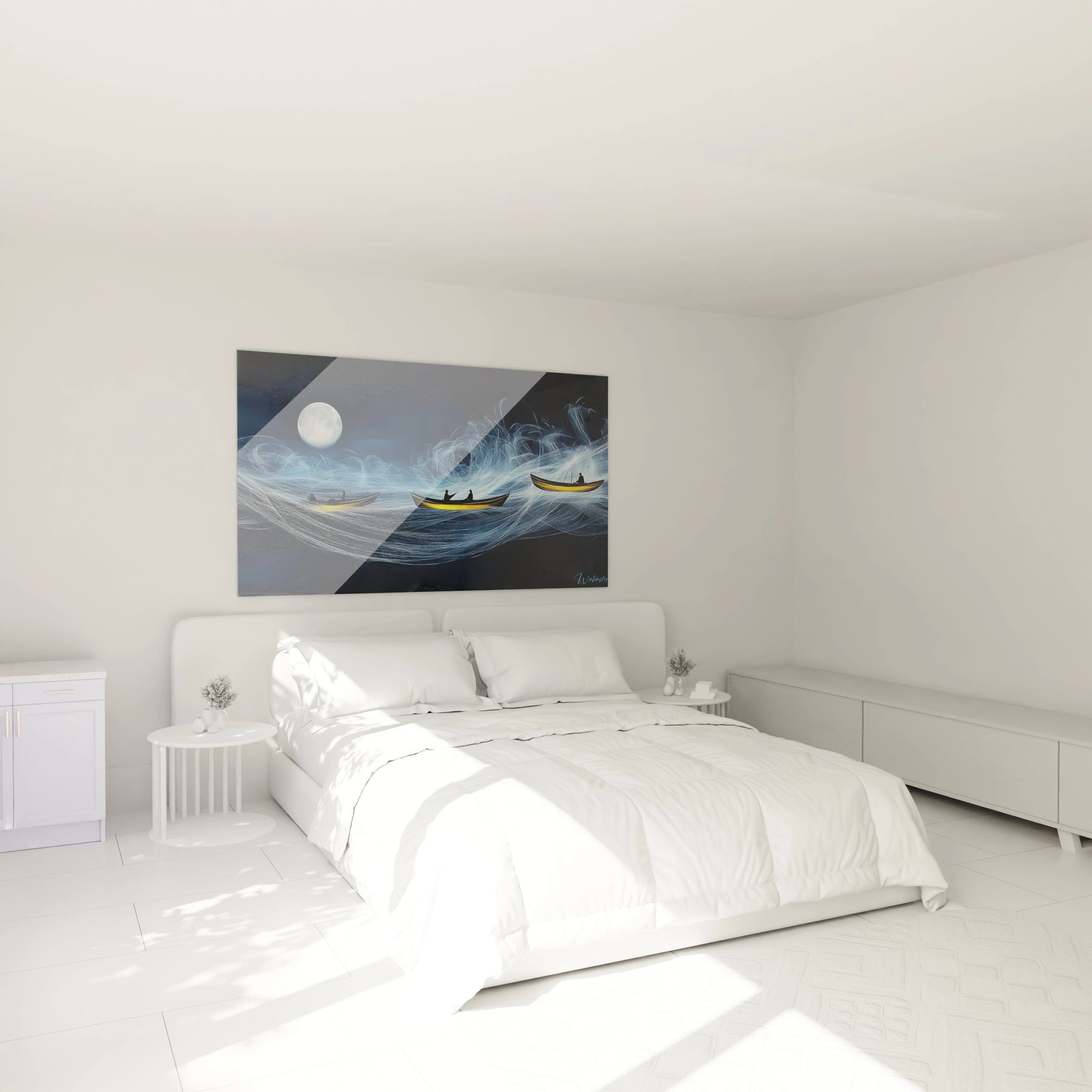 Un tableau J.M.W. Turner illustrant des silhouettes dans des embarcations jaunes et noires, portées par des courants fluides aux lignes dynamiques blanches, avec un fond bleu nuit dominé par une lune brillante.