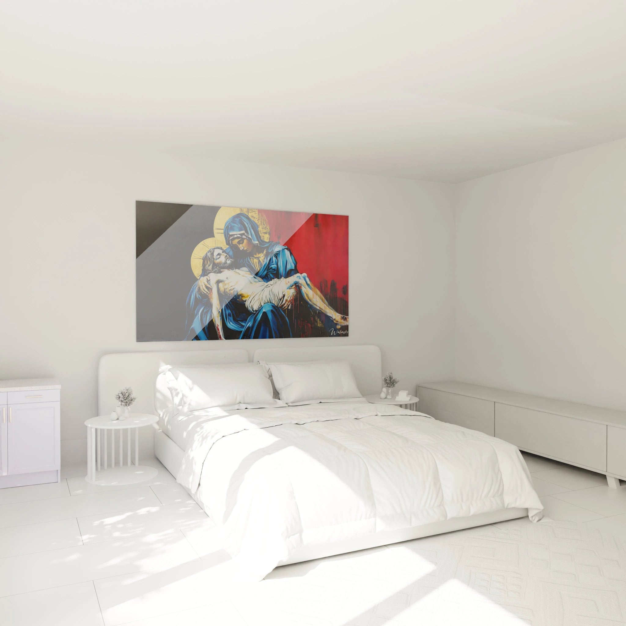 Une composition figurative dans un tableau artistique abstrait, illustrant deux figures drapées en bleu sur un fond rouge texturé, avec des touches dorées et des effets de coulures.