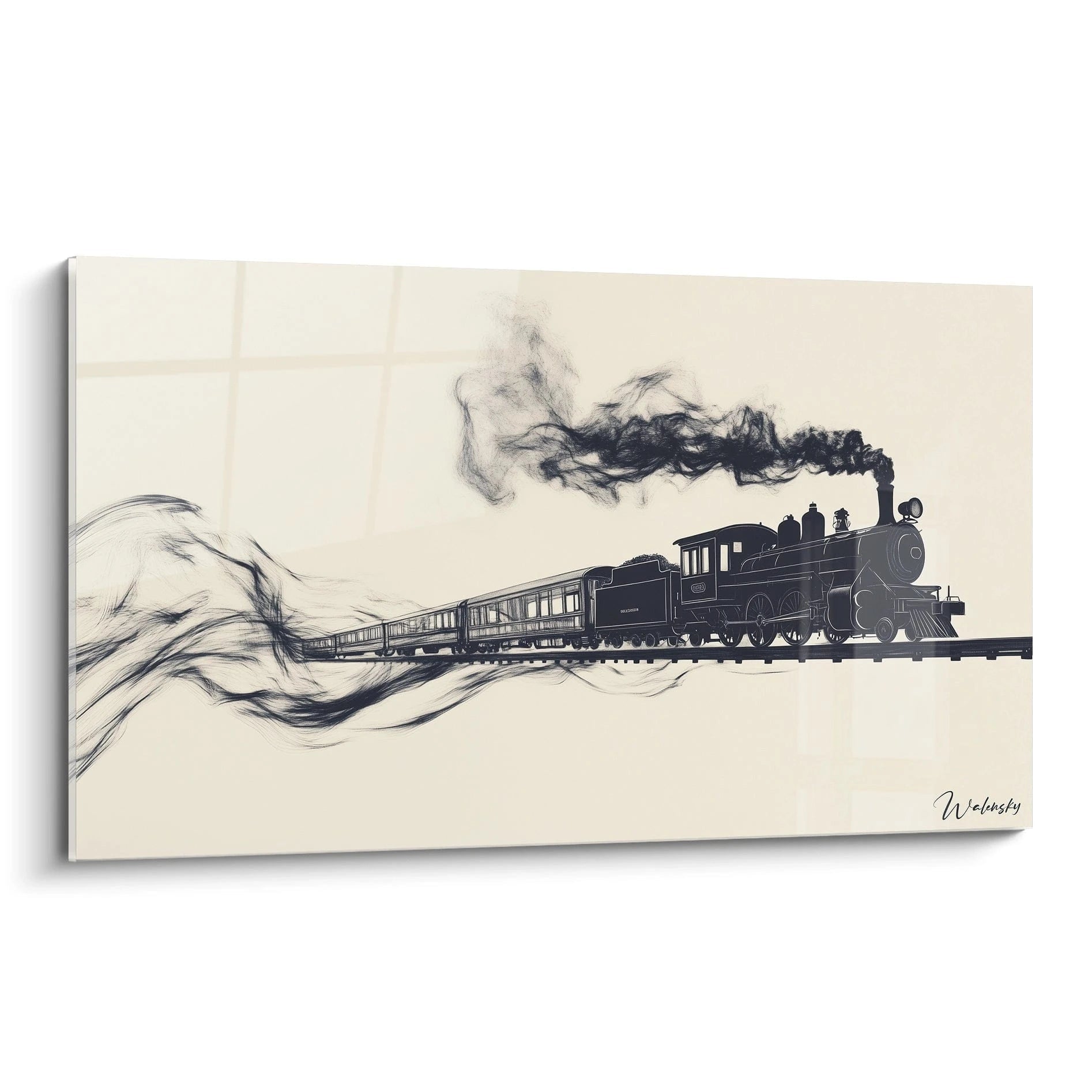 Un tableau J.M.W. Turner représentant une locomotive noire avançant sur des rails, avec une fumée dense aux teintes grises et noires, contrastant sur un fond beige clair aux lignes épurées.