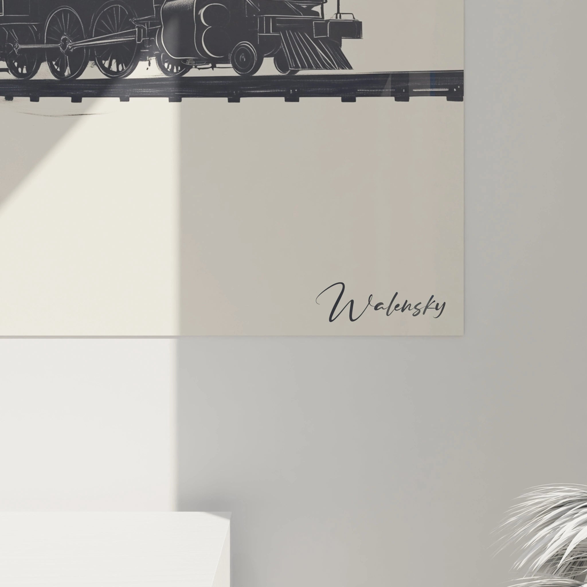 Un tableau J.M.W. Turner mettant en scène un train à vapeur avec des contrastes marqués entre le noir du moteur, le gris de la fumée en dispersion et un arrière-plan beige clair aux contours minimalistes.