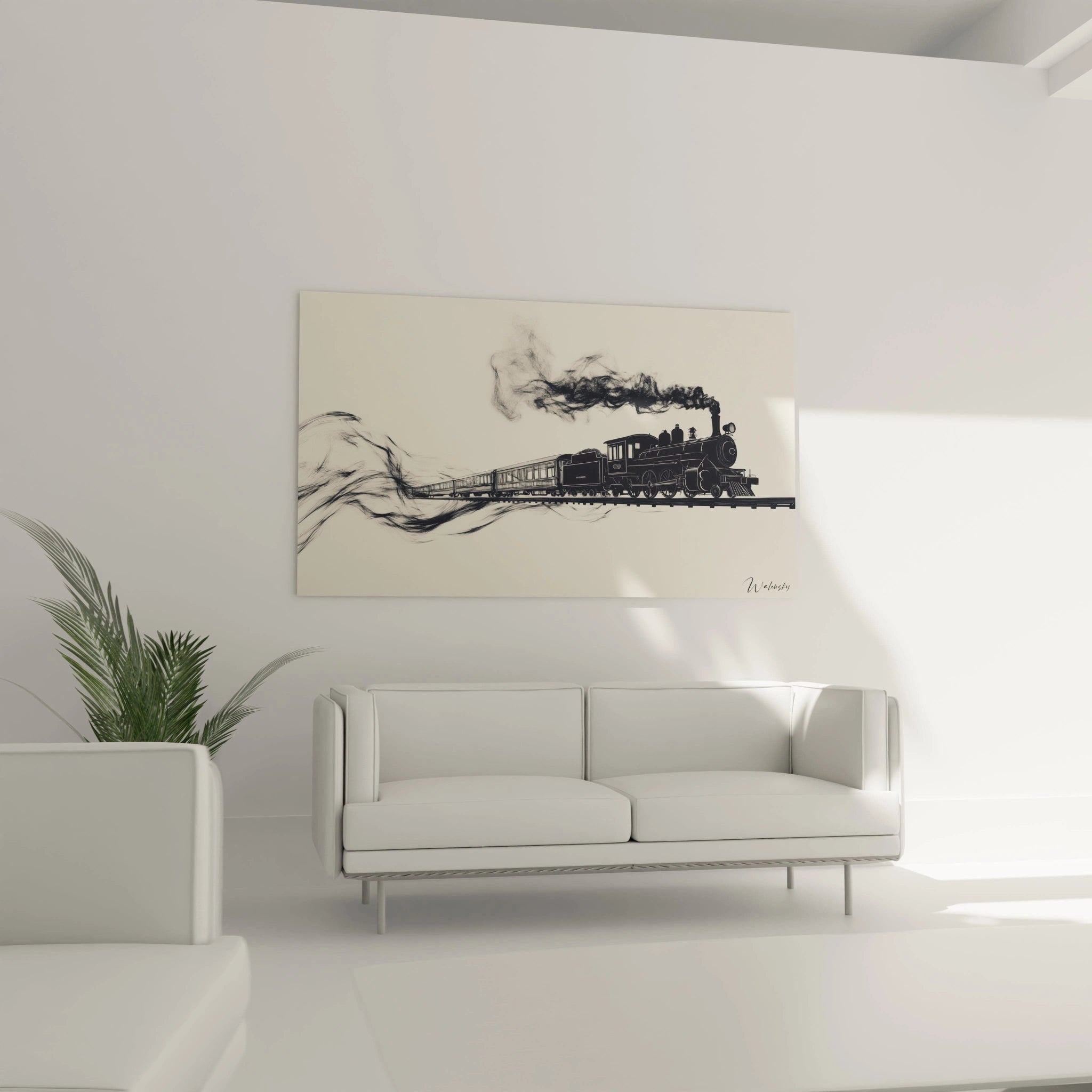 Un tableau J.M.W. Turner montrant une locomotive noire détaillée, avec une vapeur grise s’étendant dans l’espace, des rails sombres linéaires et un arrière-plan beige lisse sans éléments distincts.