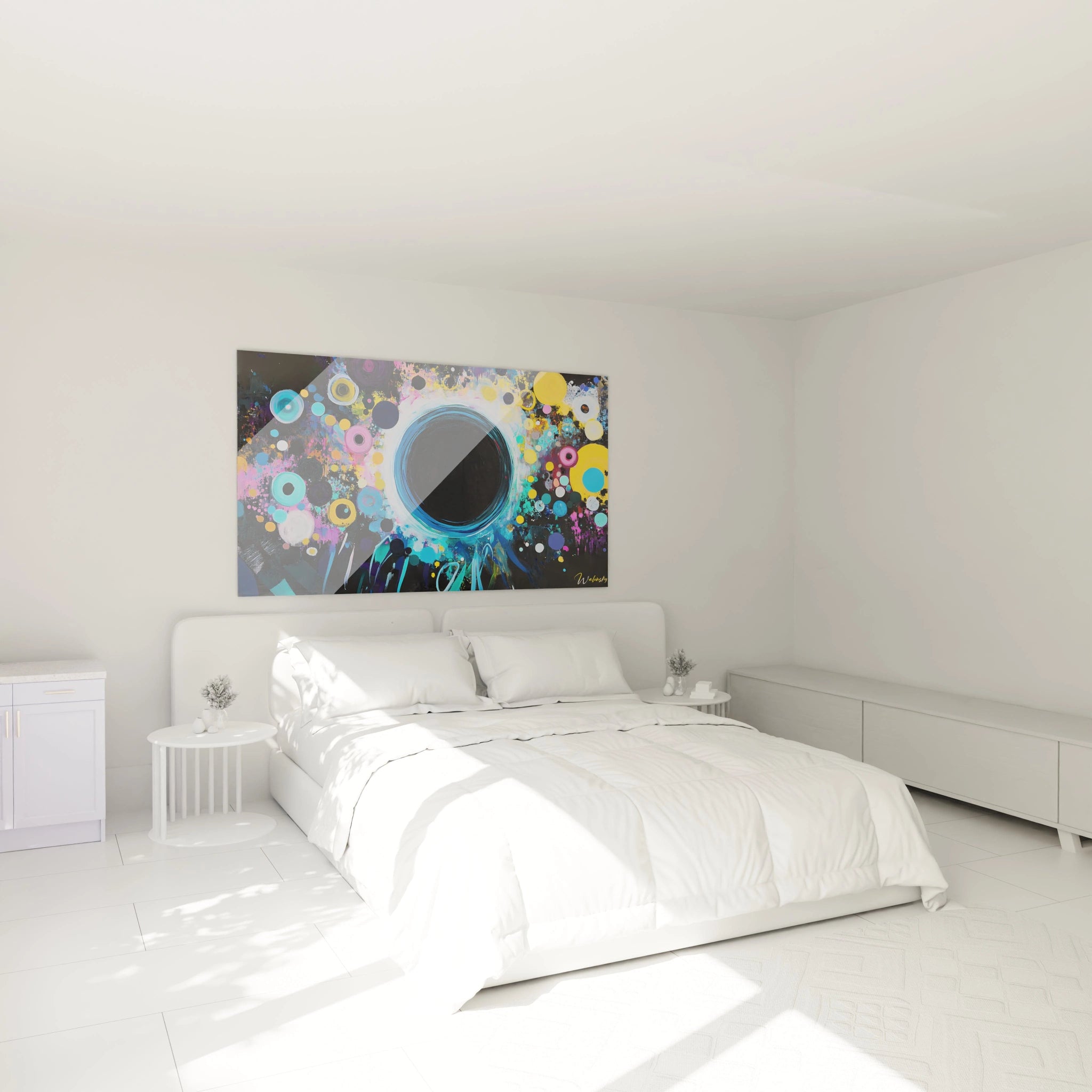 Une Ćuvre abstraite de style Wassily Kandinsky prĂ©sentant des formes circulaires colorĂ©es, des Ă©clats de peinture et des teintes dominantes noires, bleues et jaunes.