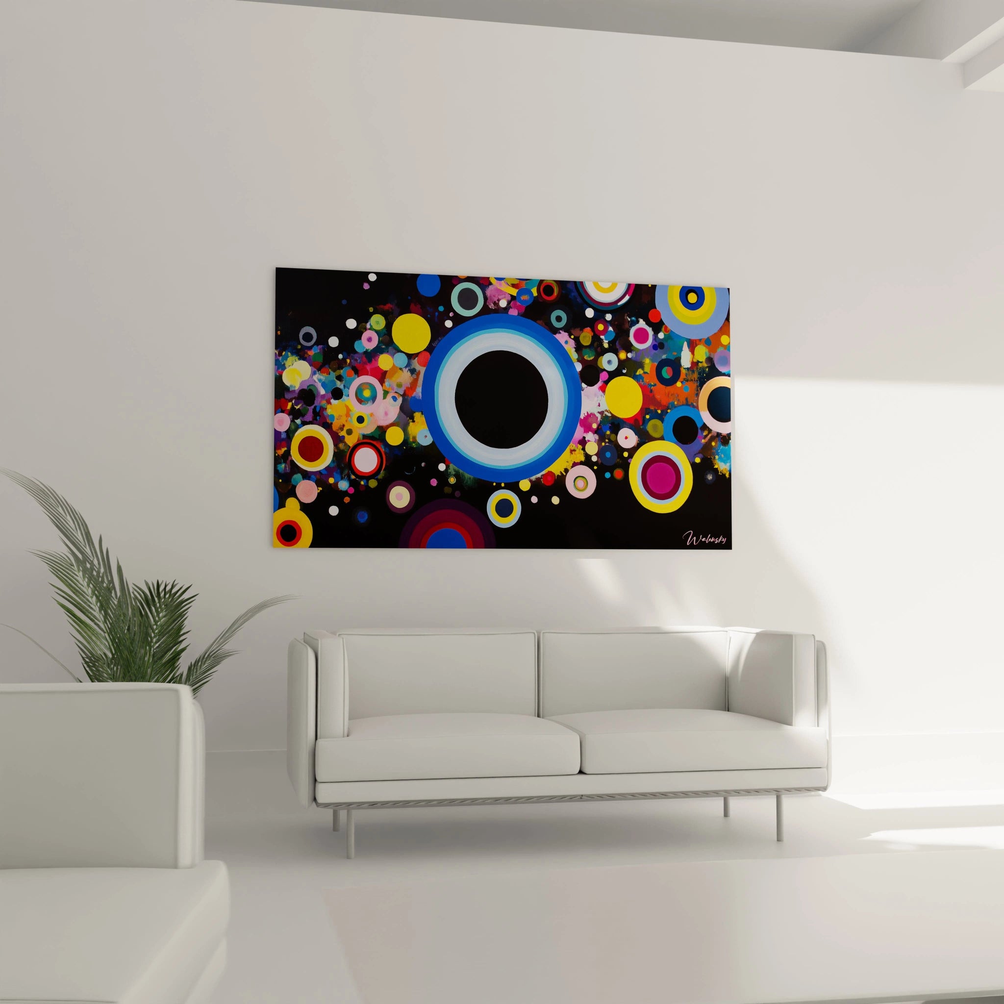 Un tableau Wassily Kandinsky mettant en scÚne un grand cercle noir et des cercles multicolores de tailles variées, incluant des tons dominants de bleu, jaune et rose.