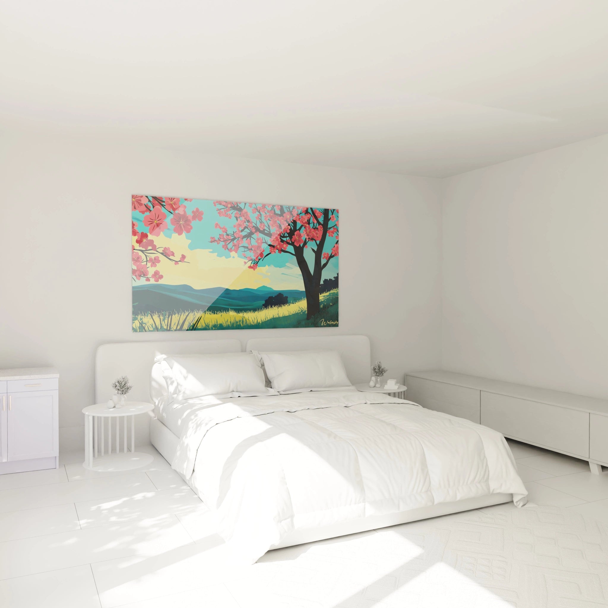 Un tableau Camille Pissarro illustrant un paysage avec un arbre en fleurs au premier plan. Les couleurs dominantes sont le rose, le bleu et le jaune, avec des contrastes marqués et des contours nets.