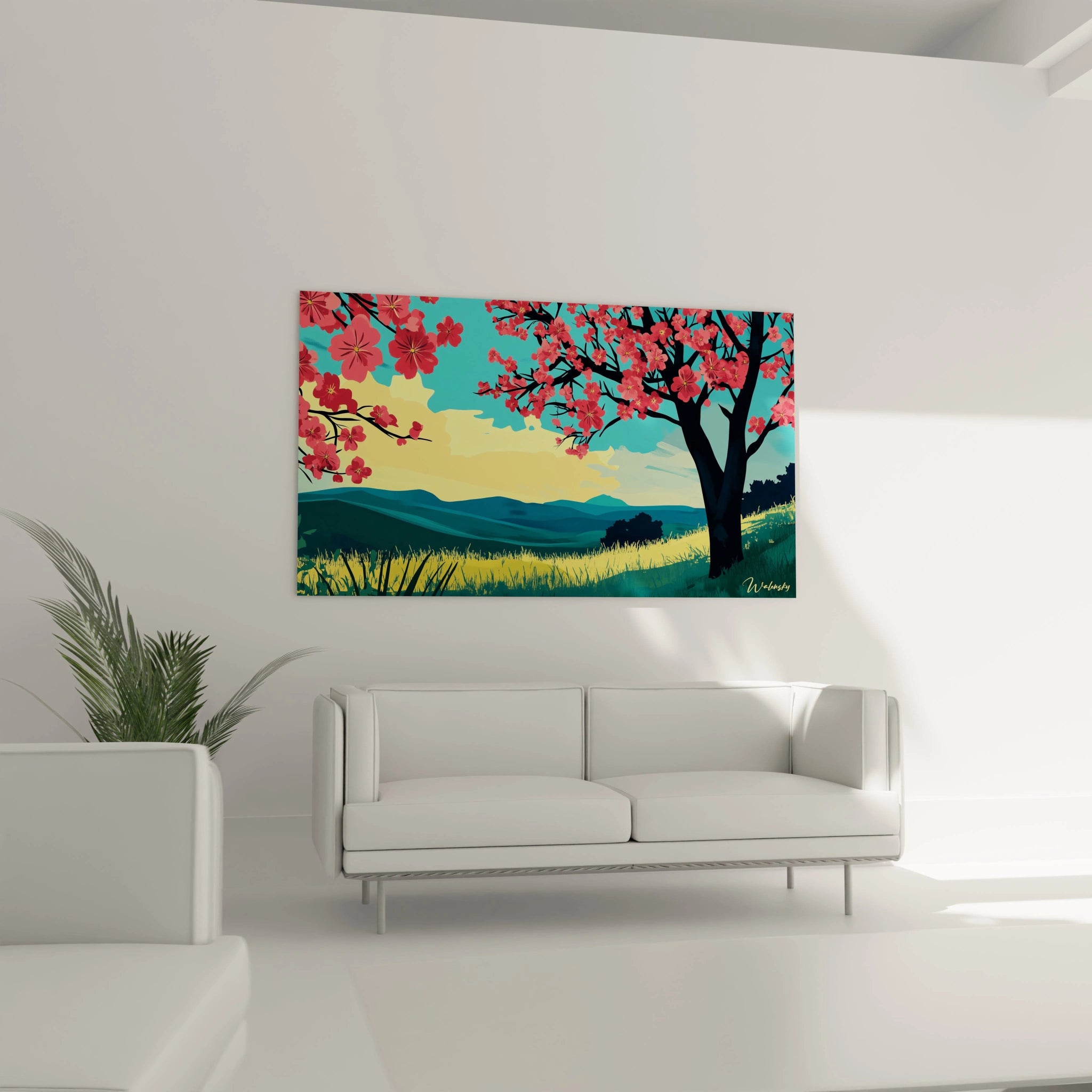 Un tableau Camille Pissarro montrant un arbre fleuri sur une colline. Les fleurs rose vif tranchent avec les nuances de bleu et de vert du paysage, tandis que le ciel présente des tons jaunes et turquoise.