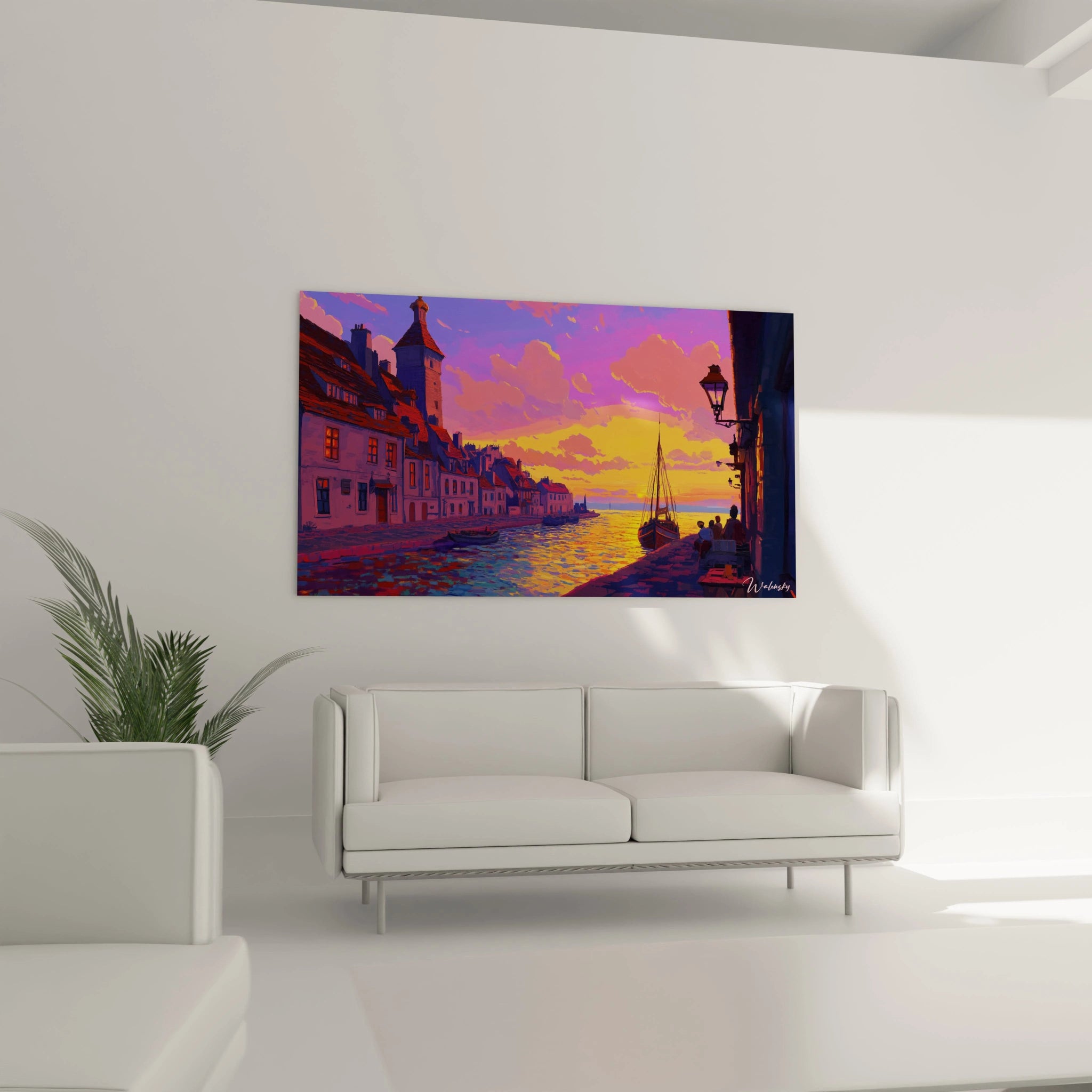 Un tableau Claude Joseph Vernet mettant en scène une ville portuaire bordée de maisons aux toits rouges, avec un voilier amarré et un ciel nuancé de rose et orange. Effet pictural accentué sur les reflets aquatiques.