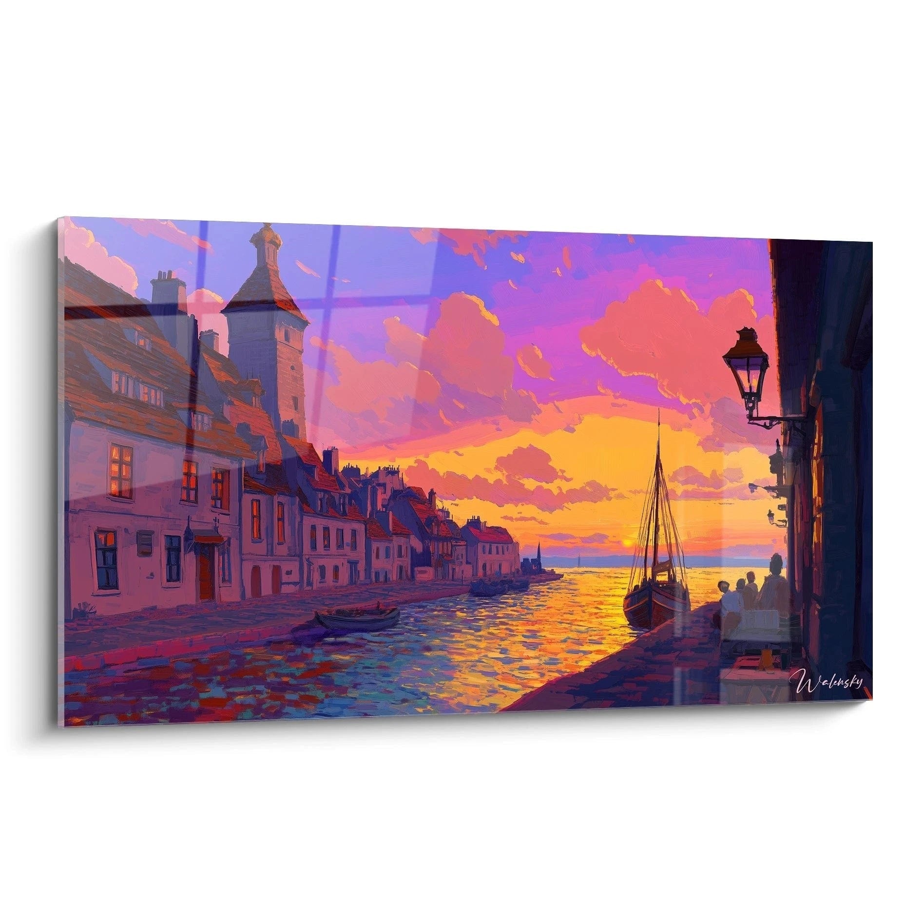 Un tableau Claude Joseph Vernet représentant un port avec des bâtiments anciens, un voilier et un ciel coloré. Teintes dominantes : orange, violet et bleu, avec textures visibles sur l’eau et les nuages.