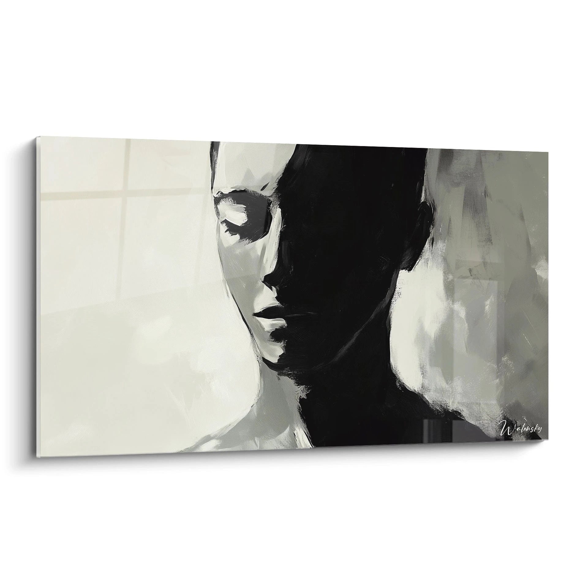 Un tableau Amedeo Modigliani représentant un visage stylisé en noir et blanc, avec des ombres marquées, des contours nets et des textures de coups de pinceau visibles sur fond gris clair.