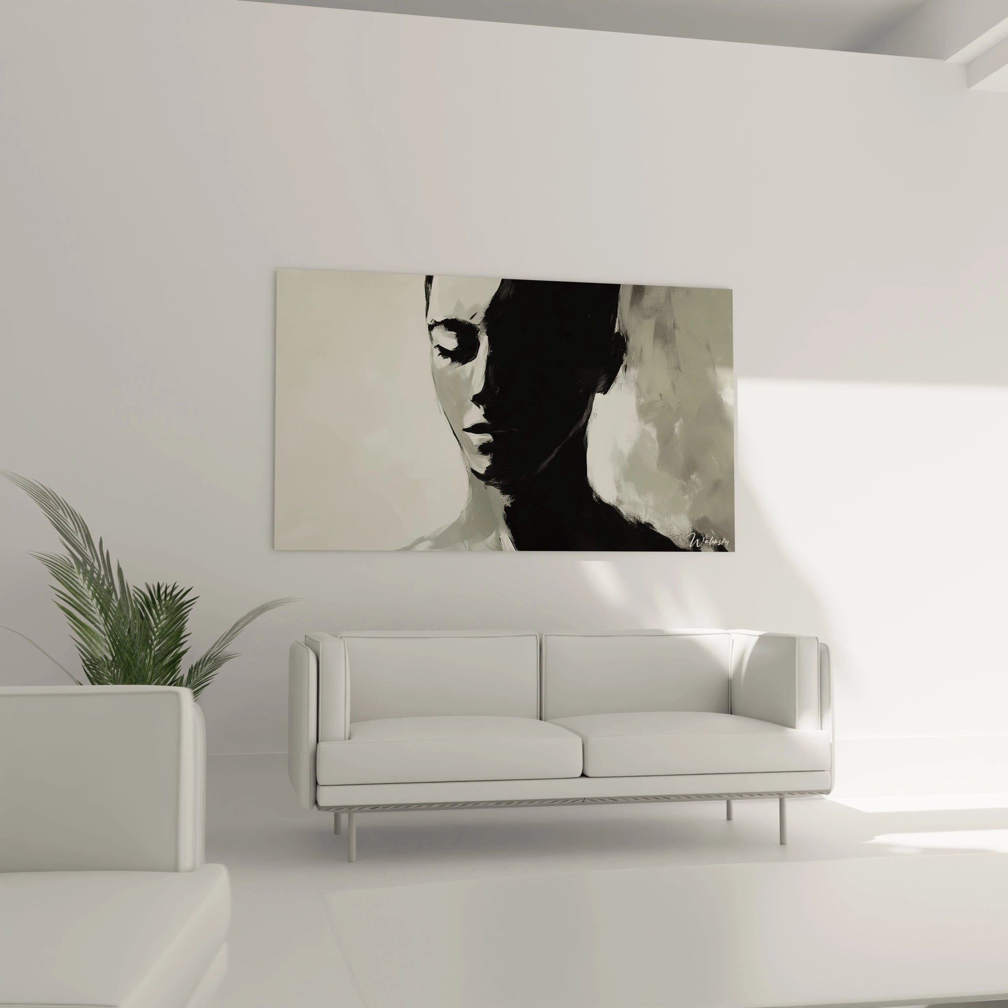 Un tableau Amedeo Modigliani montrant un visage abstrait en noir et blanc, avec des détails minimalistes, des transitions douces de gris, et des textures visibles de coups de pinceau épais.