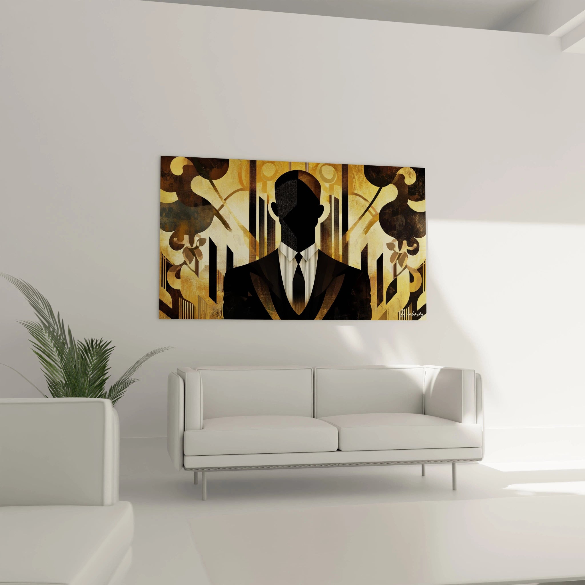 Un tableau Amedeo Modigliani illustrant une silhouette sombre en costume-cravate, encadrée par des éléments graphiques dorés et beiges, et des effets de texture linéaire sur fond texturé.