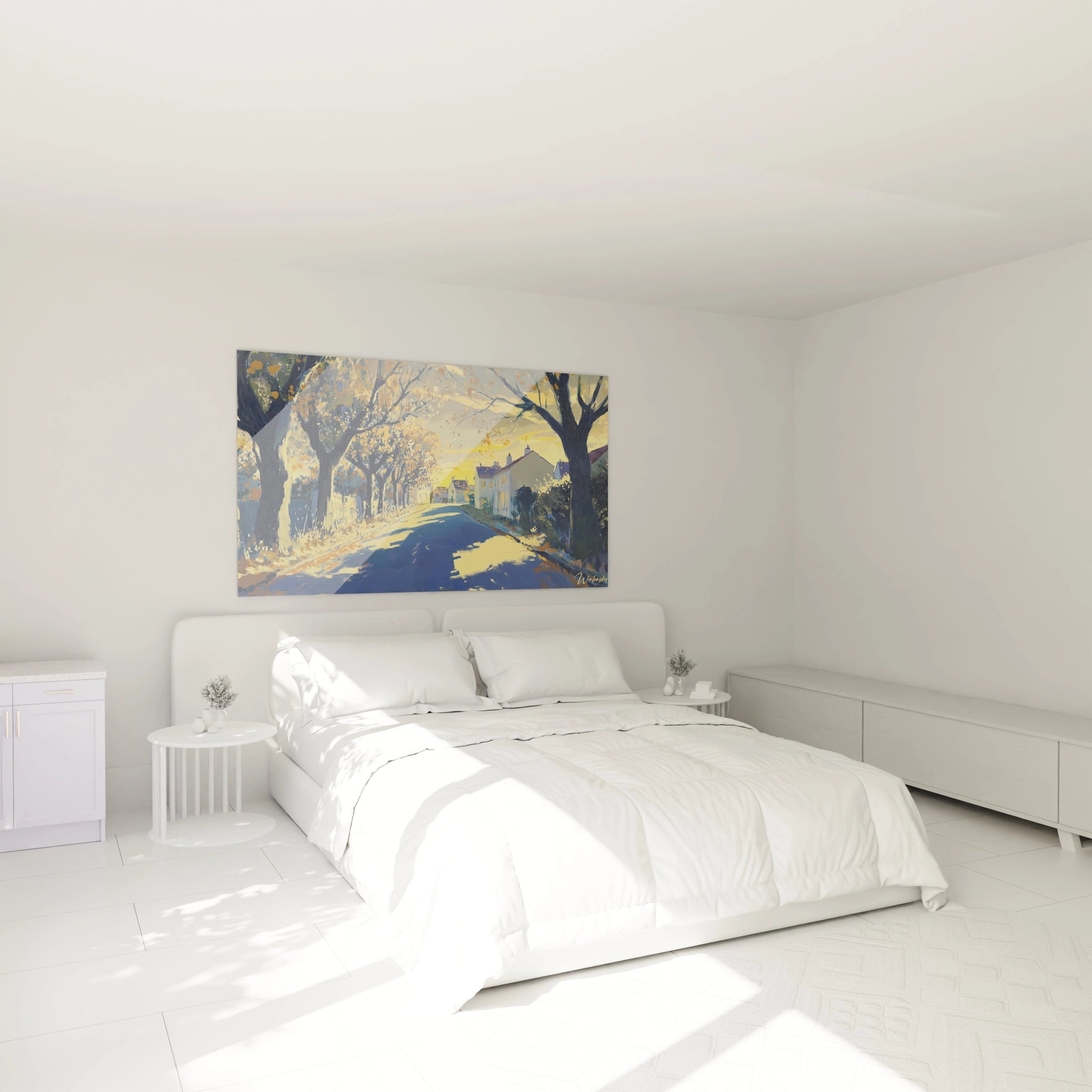 Un tableau Alfred Sisley mettant en scÚne une rue encadrée de grands arbres sombres aux branches étendues, avec un jeu de lumiÚre contrasté entre ombres bleutées et reflets dorés sur les façades des maisons.