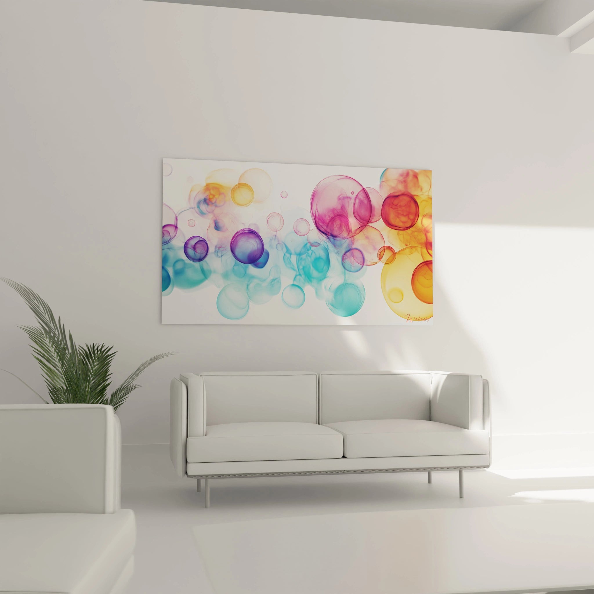 Un tableau Sonia Delaunay illustrant des formes circulaires fluides aux nuances de bleu, violet et orange, avec des transitions douces et un effet vaporeux accentuant la légèreté de la composition.