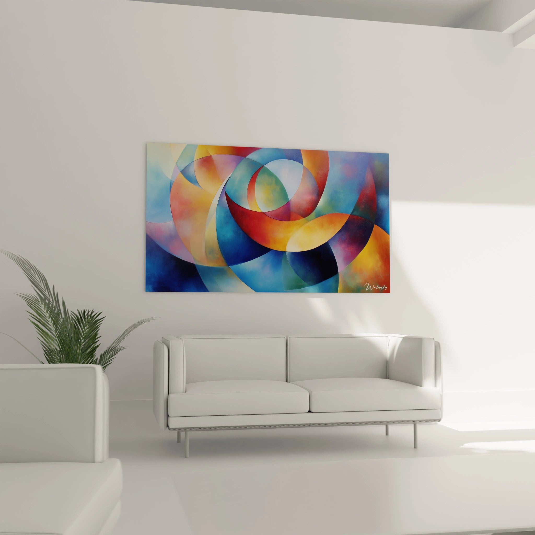 Un tableau Sonia Delaunay représentant une composition géométrique abstraite avec des formes arrondies et colorées en bleu, orange et rouge, créant une interaction dynamique entre les tons chauds et froids.