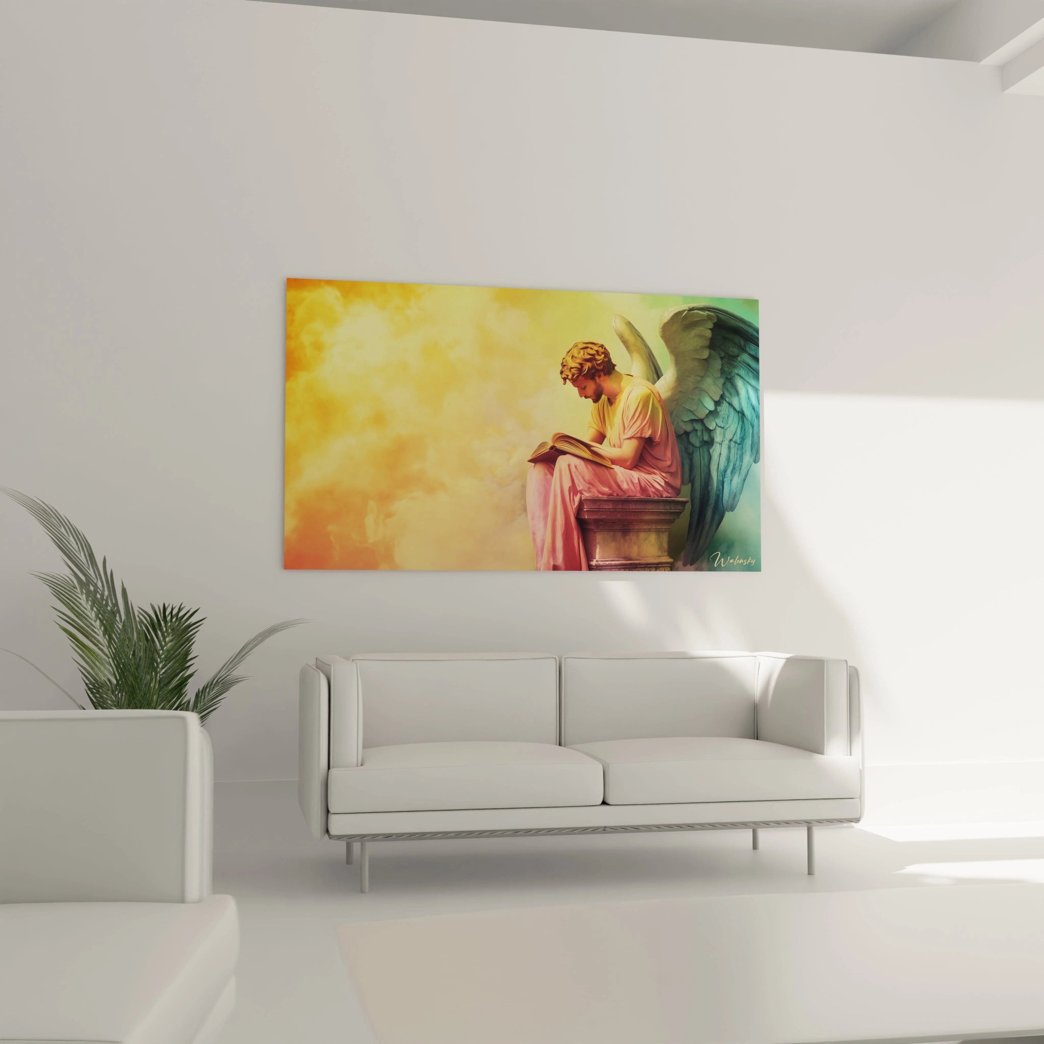 Un tableau Hieronymus Bosch centré sur un ange méditant avec un livre. Les couleurs dominantes sont le rose, le bleu et le jaune, et la scène présente une texture lisse avec des éléments lumineux et nuageux.