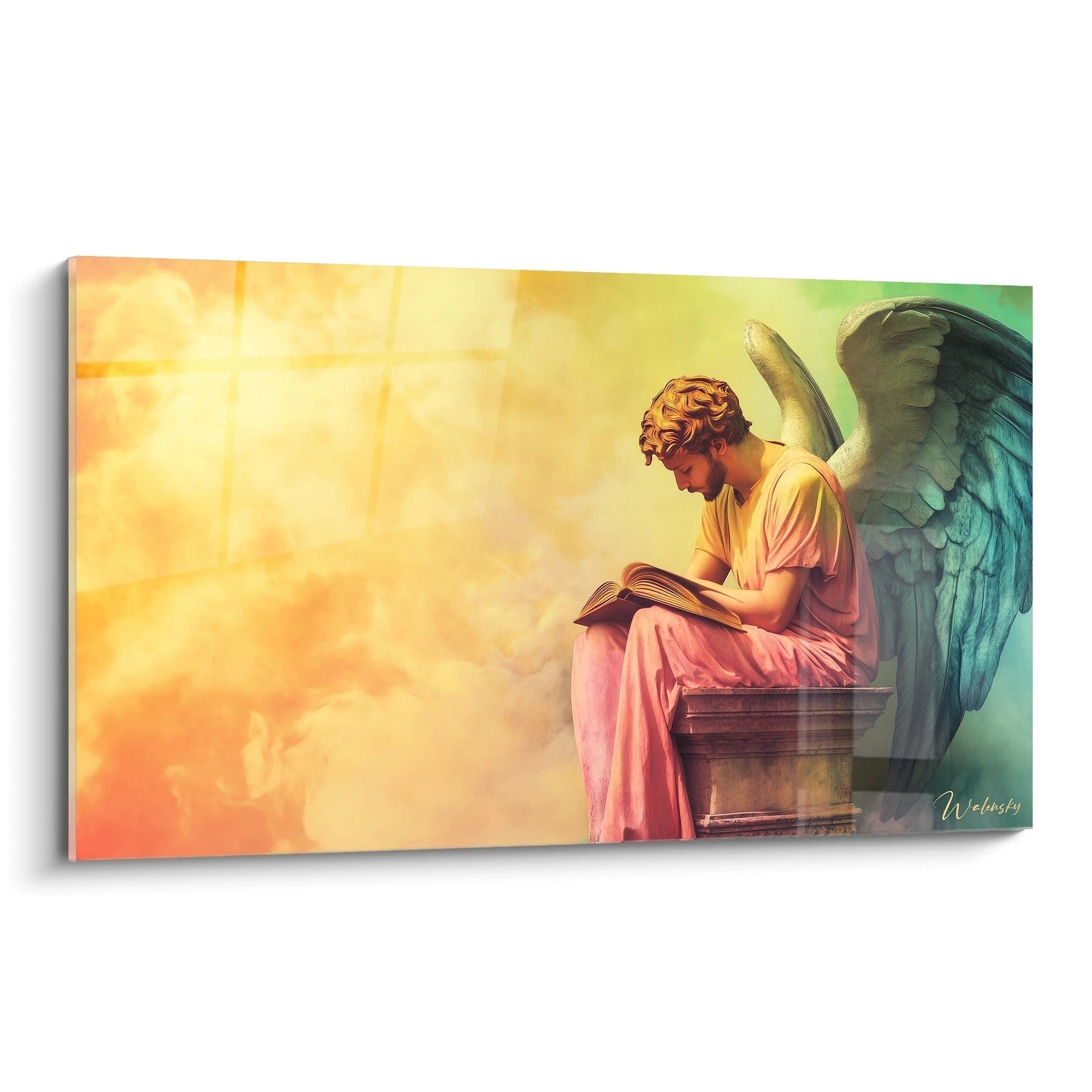 Un tableau Hieronymus Bosch montrant un ange assis lisant un livre, avec des couleurs dominantes de rose, orange et bleu. La texture de la pierre est détaillée, et des nuages vibrants entourent la scène.