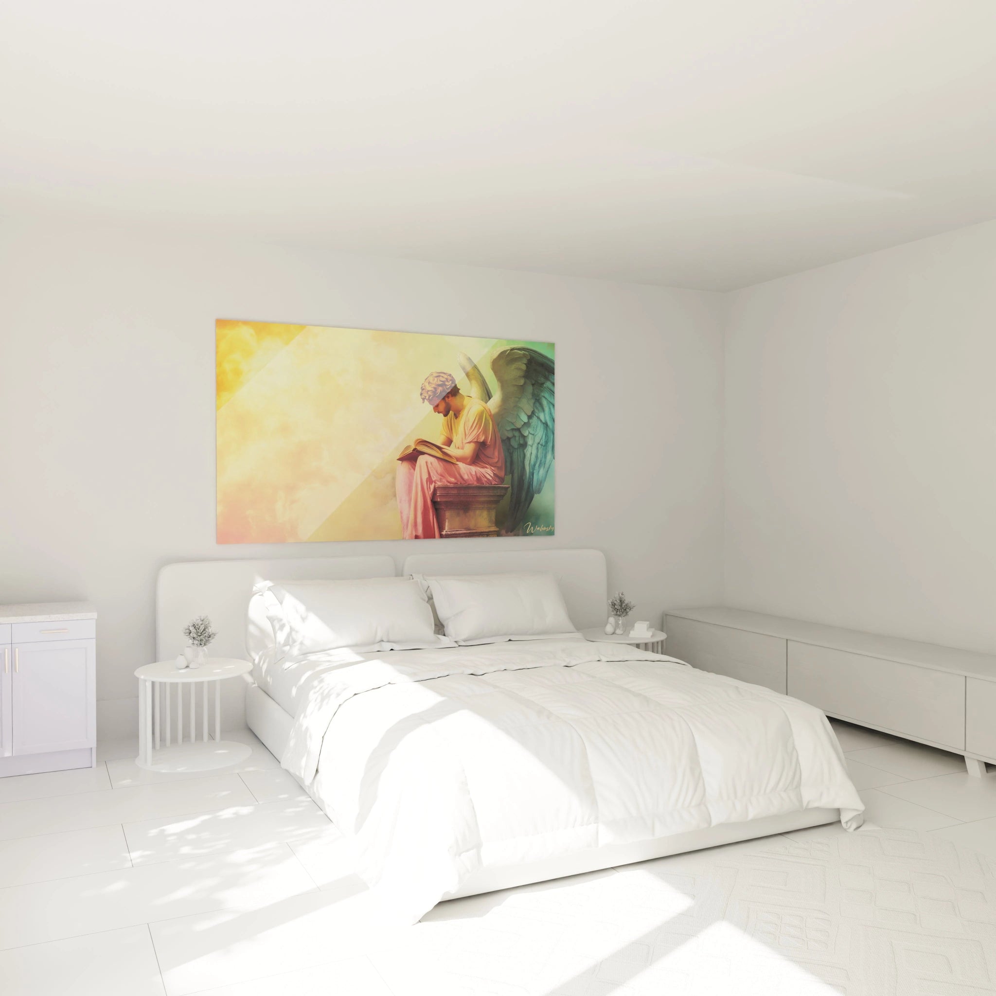 Un tableau Hieronymus Bosch représentant un ange avec des ailes, assis sur un piédestal en pierre, lisant. Les couleurs principales incluent le jaune, le rose et le bleu, avec une lumière douce et une texture lisse.