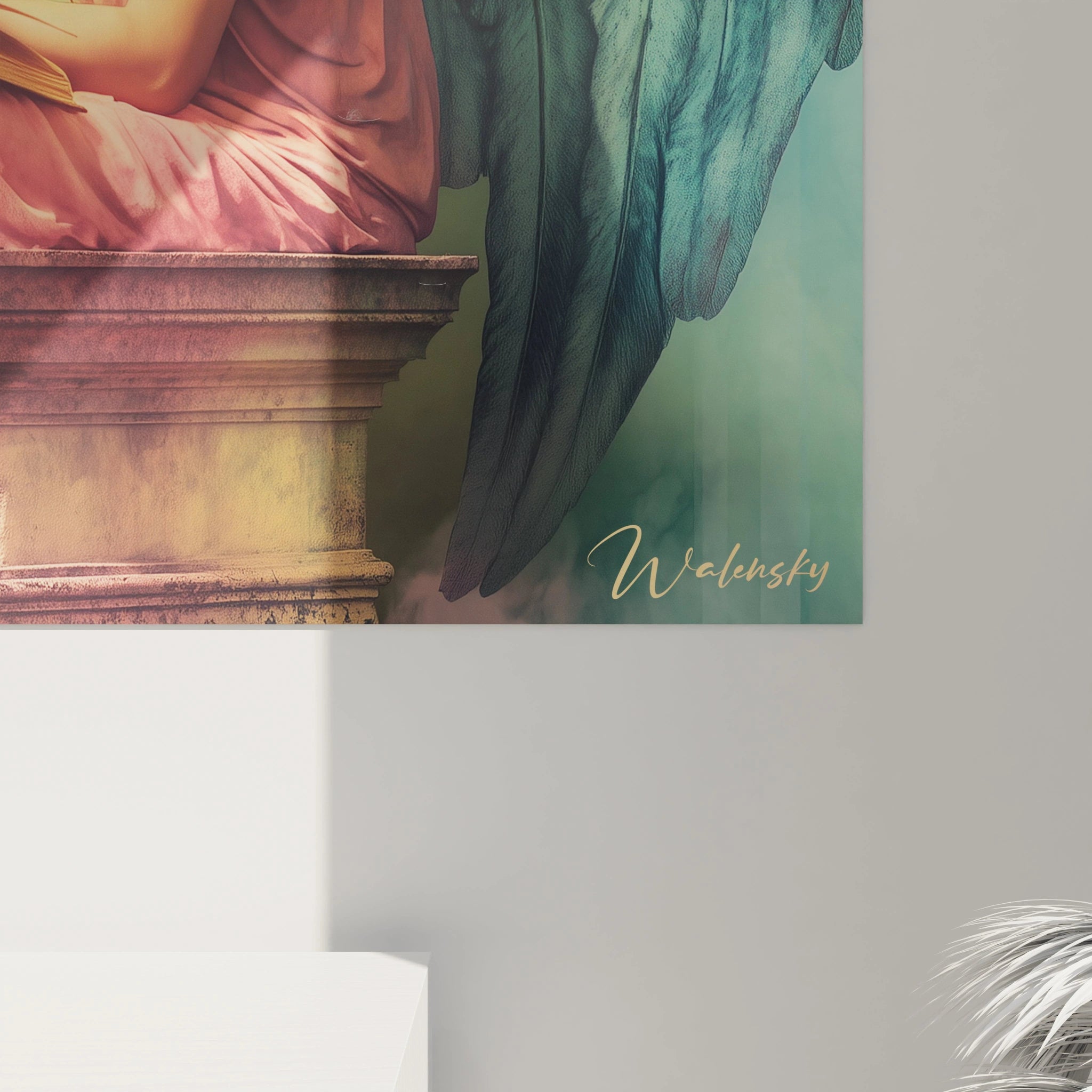 Un tableau Hieronymus Bosch montrant un ange en posture calme, lisant un livre. Les teintes de bleu, orange et rose sont prédominantes, avec des effets de lumière douce et une texture réaliste sur le piédestal.