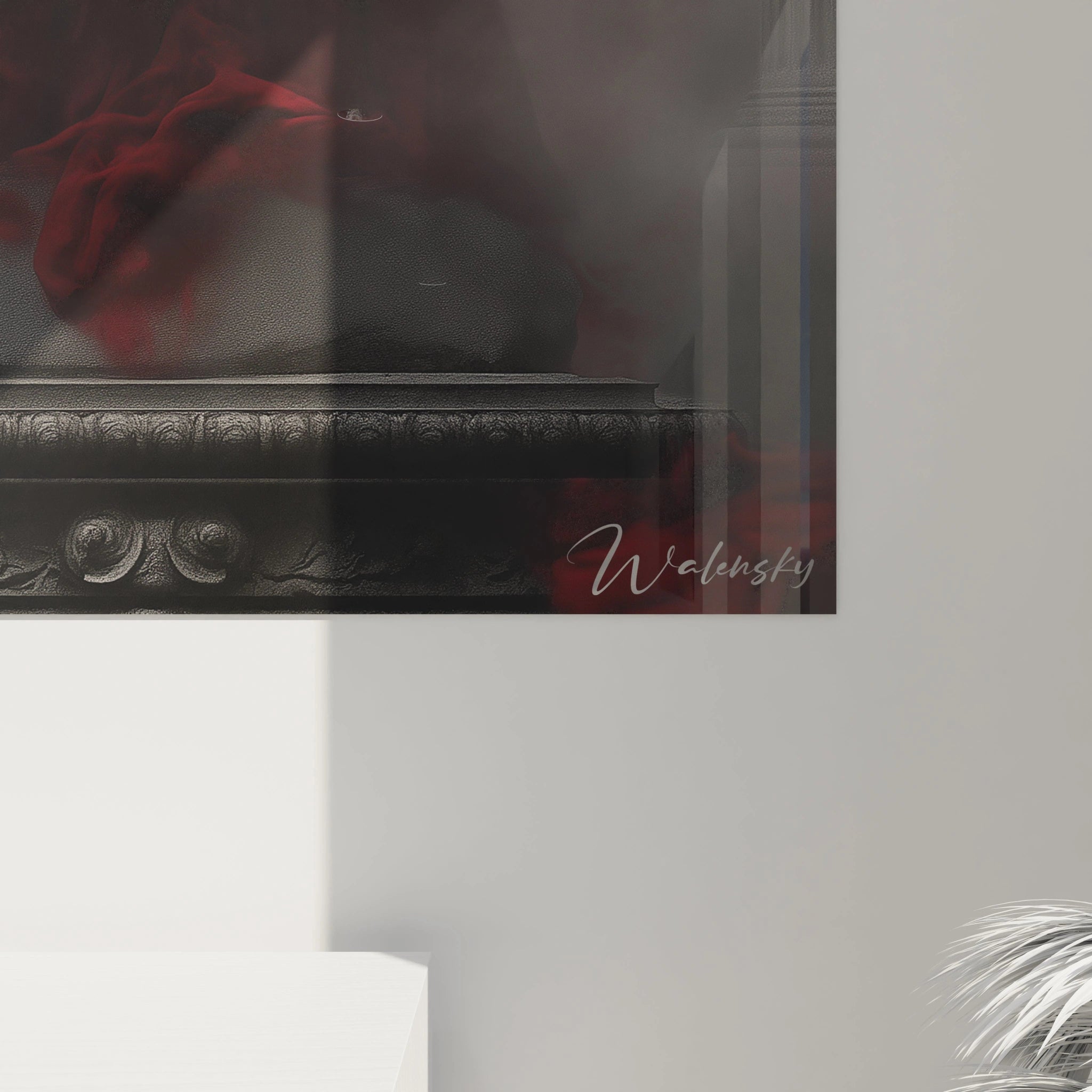 Un tableau Goya mettant en scène un personnage mystérieux en rouge, des colonnes grises texturées, et des volutes rouges. Les contrastes de lumière et de matières soulignent la profondeur visuelle.