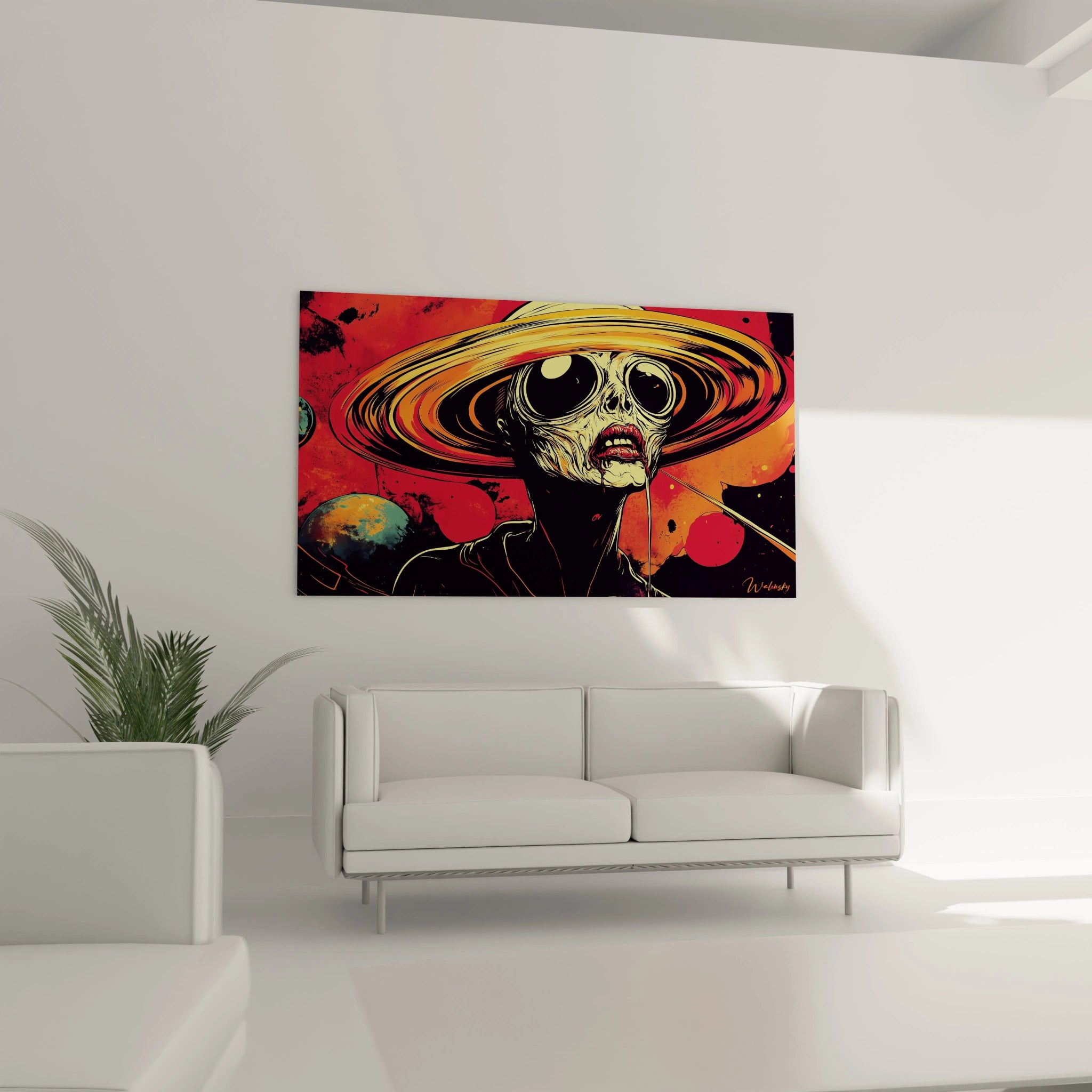 Un tableau Goya illustrant un personnage extraterrestre portant un chapeau large aux courbes dynamiques en orange et jaune, sur un fond rouge vif parsemé de formes planétaires texturées en bleu et noir.