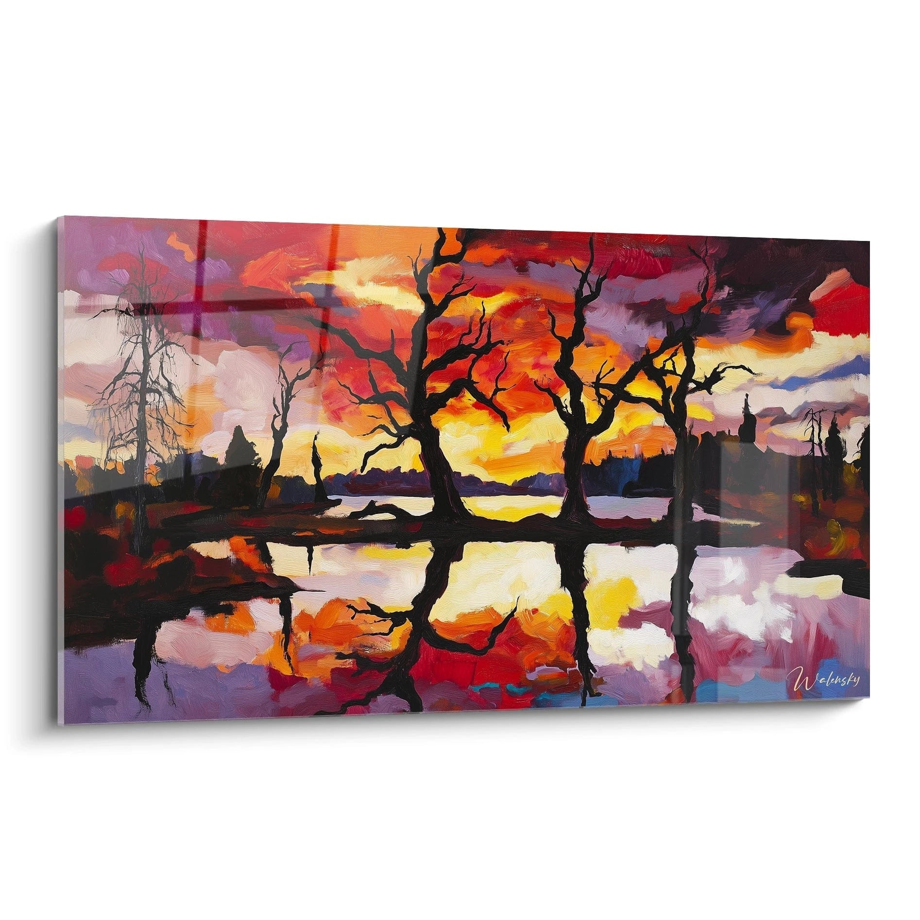 Un tableau Jean-Baptiste-Camille Corot illustrant des arbres sombres se reflétant dans l’eau sous un ciel rouge, orange et jaune. Les textures visibles sont marquées, avec des touches épaisses et fluides.