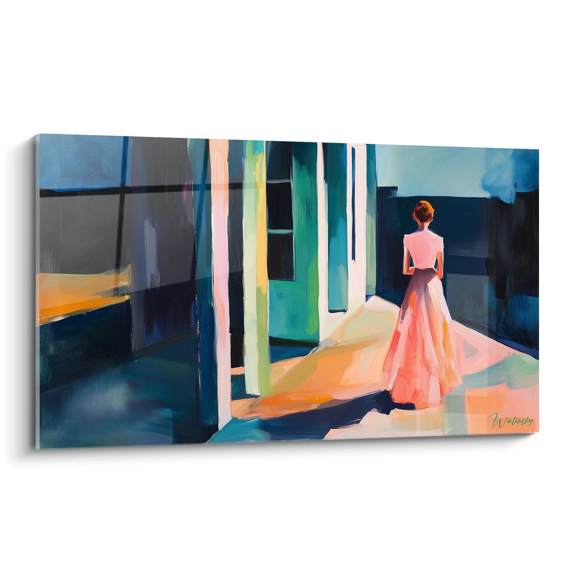 Un tableau Edward Hopper montrant une femme de dos dans un espace ouvert, avec des teintes bleu marine, vertes et orange, et des textures lisses et contrastées.