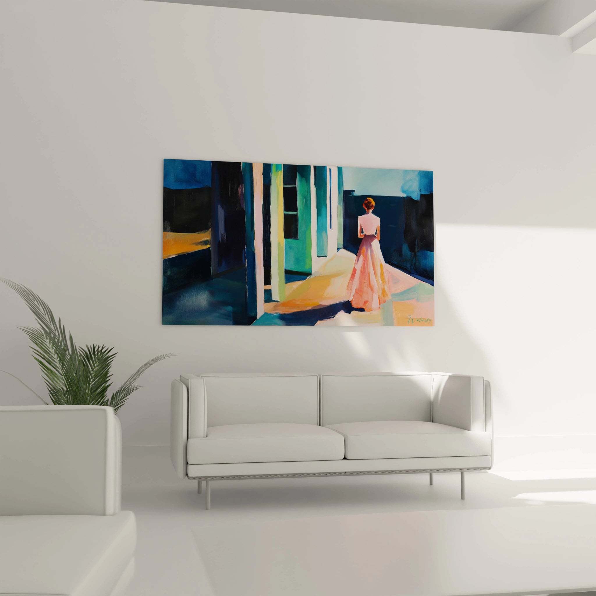 Un tableau Edward Hopper représentant une femme au centre d’une composition lumineuse, mêlant des couleurs bleu profond, vert pâle et rose, avec des aplats lisses et des ombres nettes.