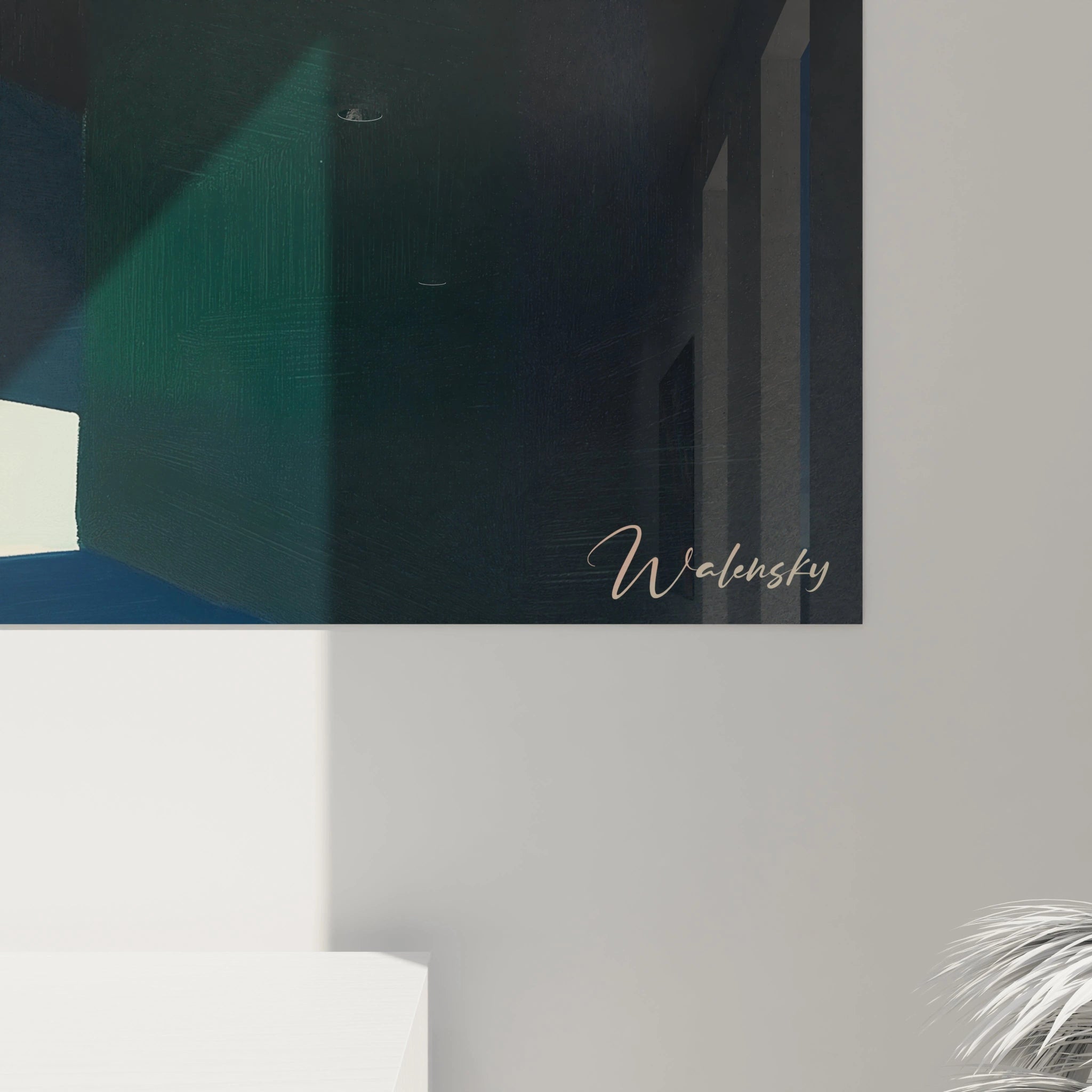 Un tableau Edward Hopper présentant des blocs de couleurs rose, jaune et marine, organisés dans une composition géométrique et une surface uniforme sans relief.