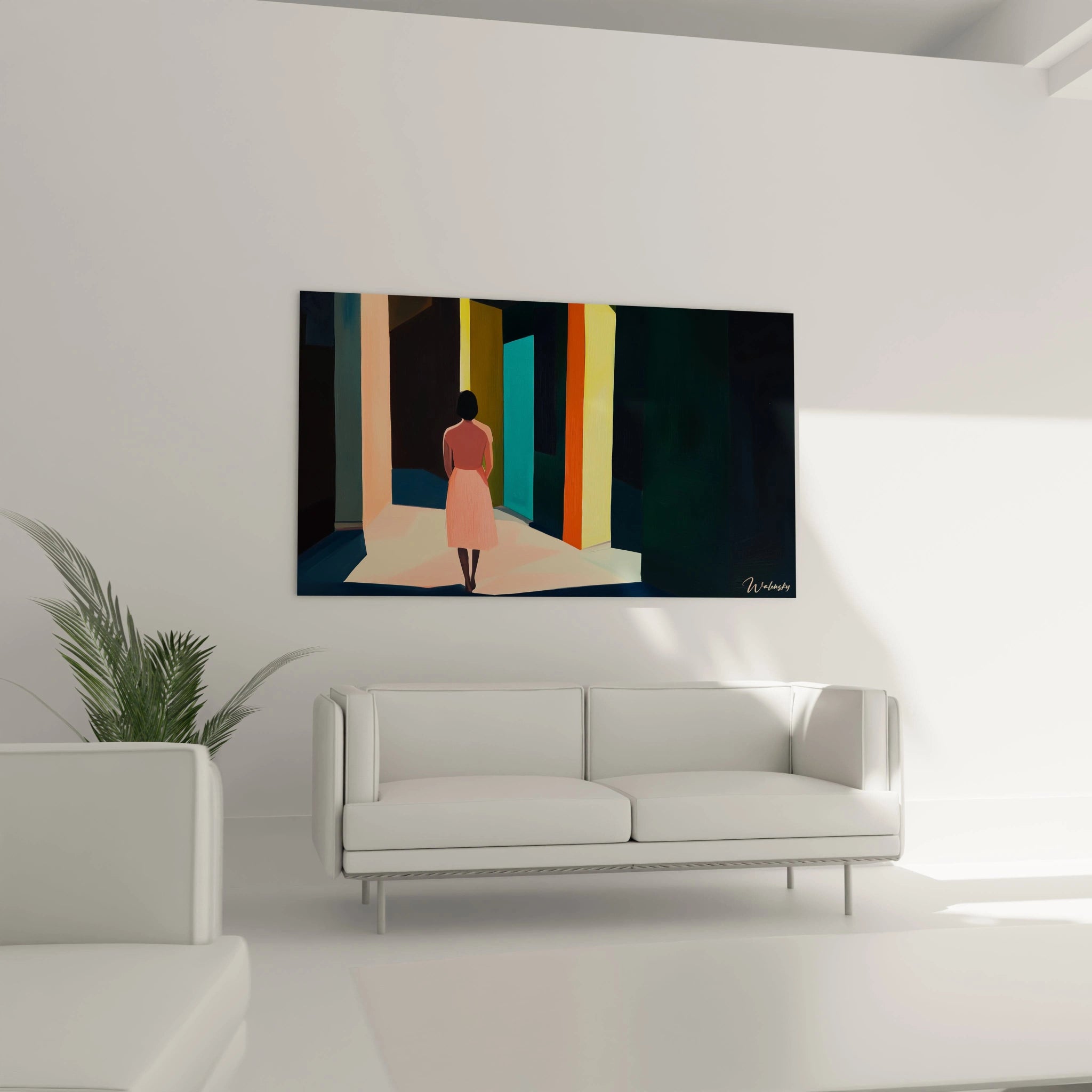 Un tableau Edward Hopper composé de colonnes colorées rose, jaune et marine, avec des contrastes de lumière et d'ombre, et des contours nets.