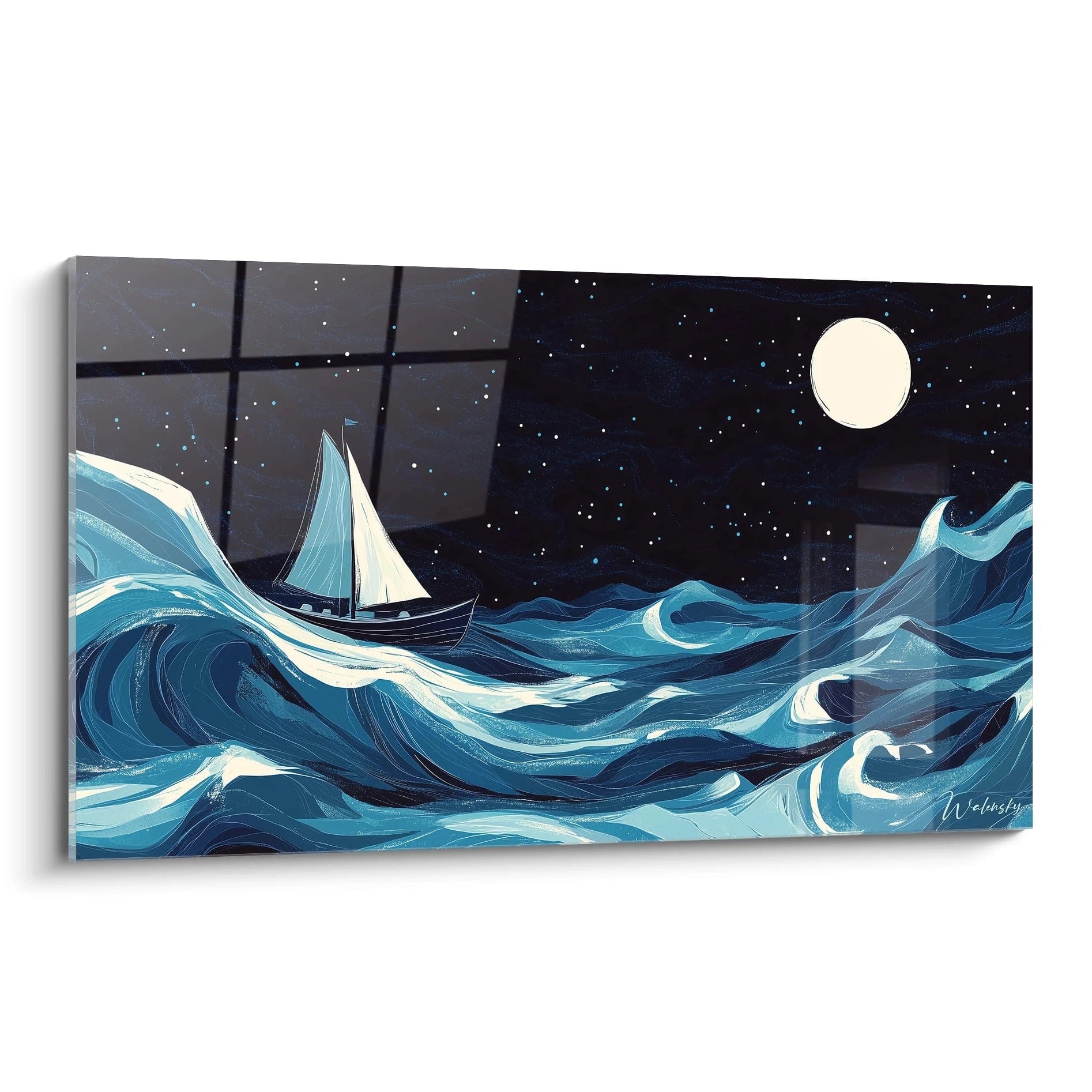 Un tableau Claude Joseph Vernet représentant un voilier sur une mer agitée sous une nuit étoilée. Teintes dominantes : bleu, blanc et noir, avec des vagues aux textures fluides et des étoiles dispersées.