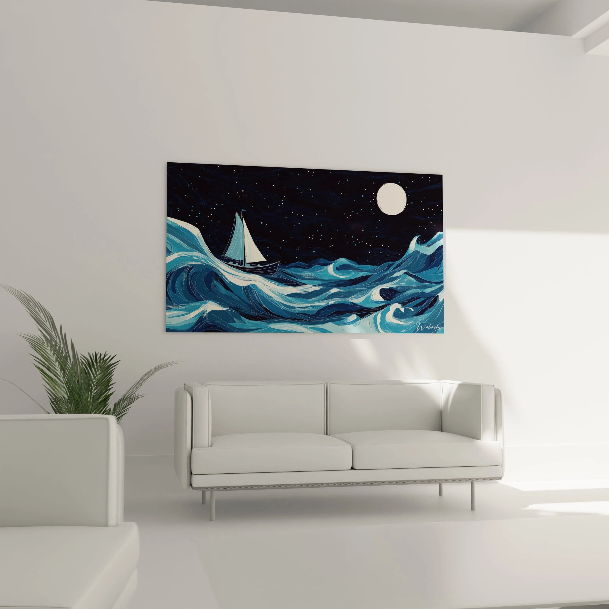 Un tableau Claude Joseph Vernet mettant en scĂšne un navire Ă voiles naviguant sur des vagues stylisĂ©es. Effets visuels marquĂ©s par des courbes dynamiques, des reflets lumineux et un ciel parsemĂ© dâĂ©toiles.