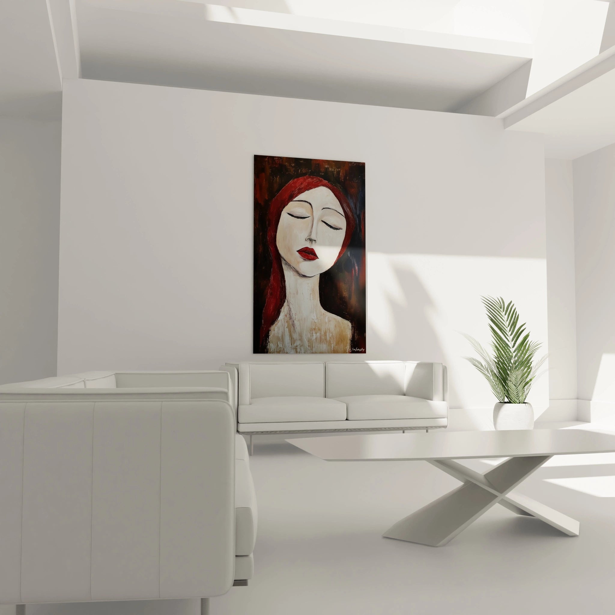 Un tableau Amedeo Modigliani montrant un visage féminin pâle aux paupières closes, des cheveux rouge foncé et des touches de brun et de noir en arrière-plan, avec des textures rugueuses sur la surface.