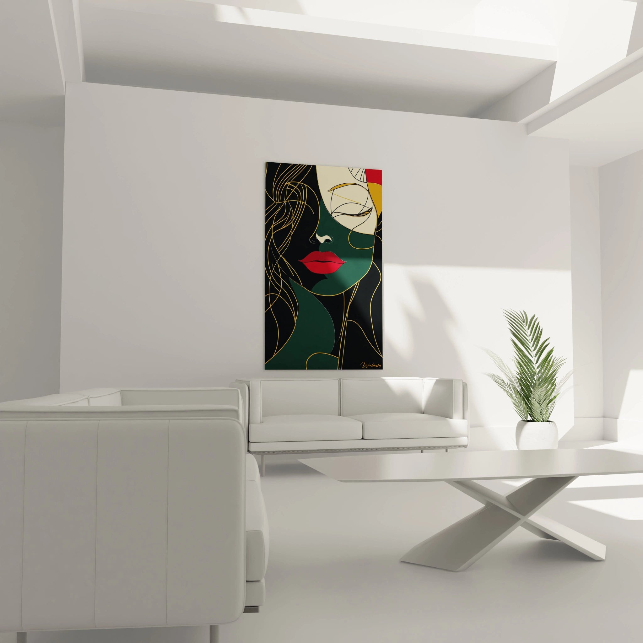 Un tableau Amedeo Modigliani mettant en avant un visage féminin stylisé, des contours dorés, des couleurs contrastées rouge, noir, beige et vert foncé, avec des textures lisses et des formes épurées.