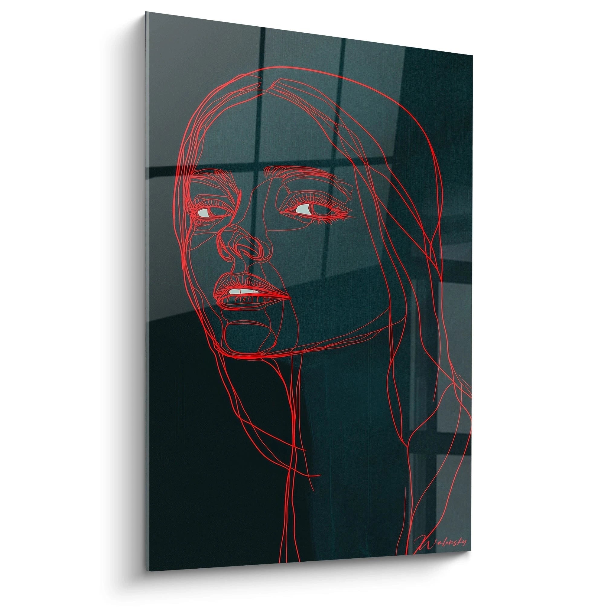 Un tableau Amedeo Modigliani représentant un visage stylisé, dessiné par des lignes rouges vives sur un fond sombre, avec des contours nets et des détails précis des yeux et des lèvres.